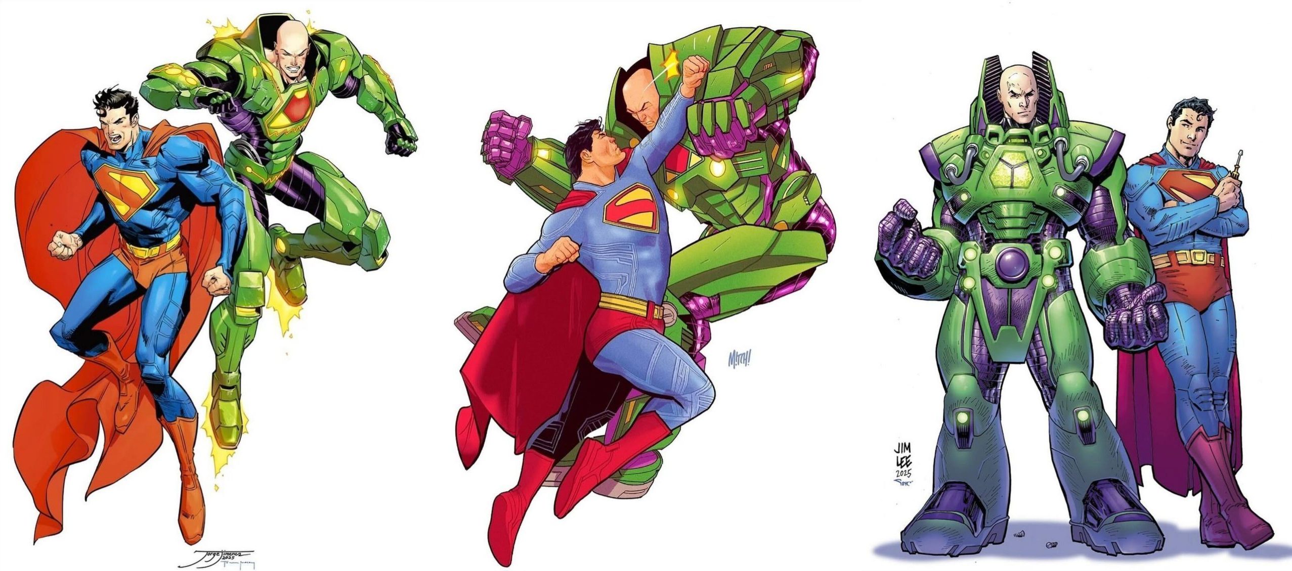 Illustrations de Lex Luthor en armure face à Superman, par Jorge Jimenez, Mitch Gerads, et Jim Lee.