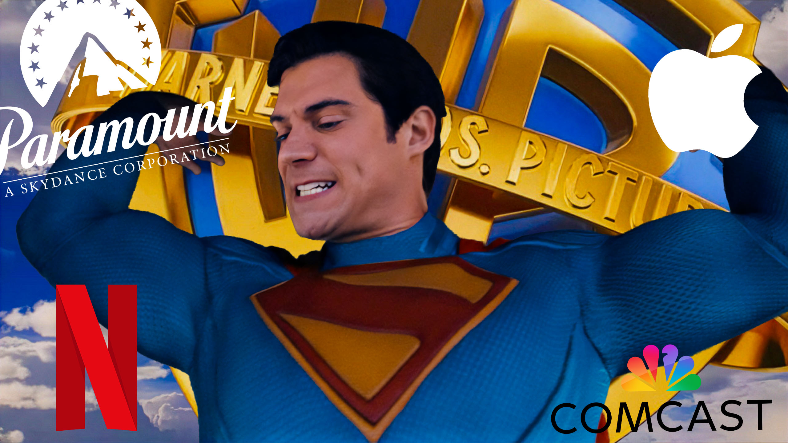 Superman (David Corenswet) sous la pression des logos de Paramount, Apple, Netflix et Comcast devant le logo Warner Bros. Discovery.