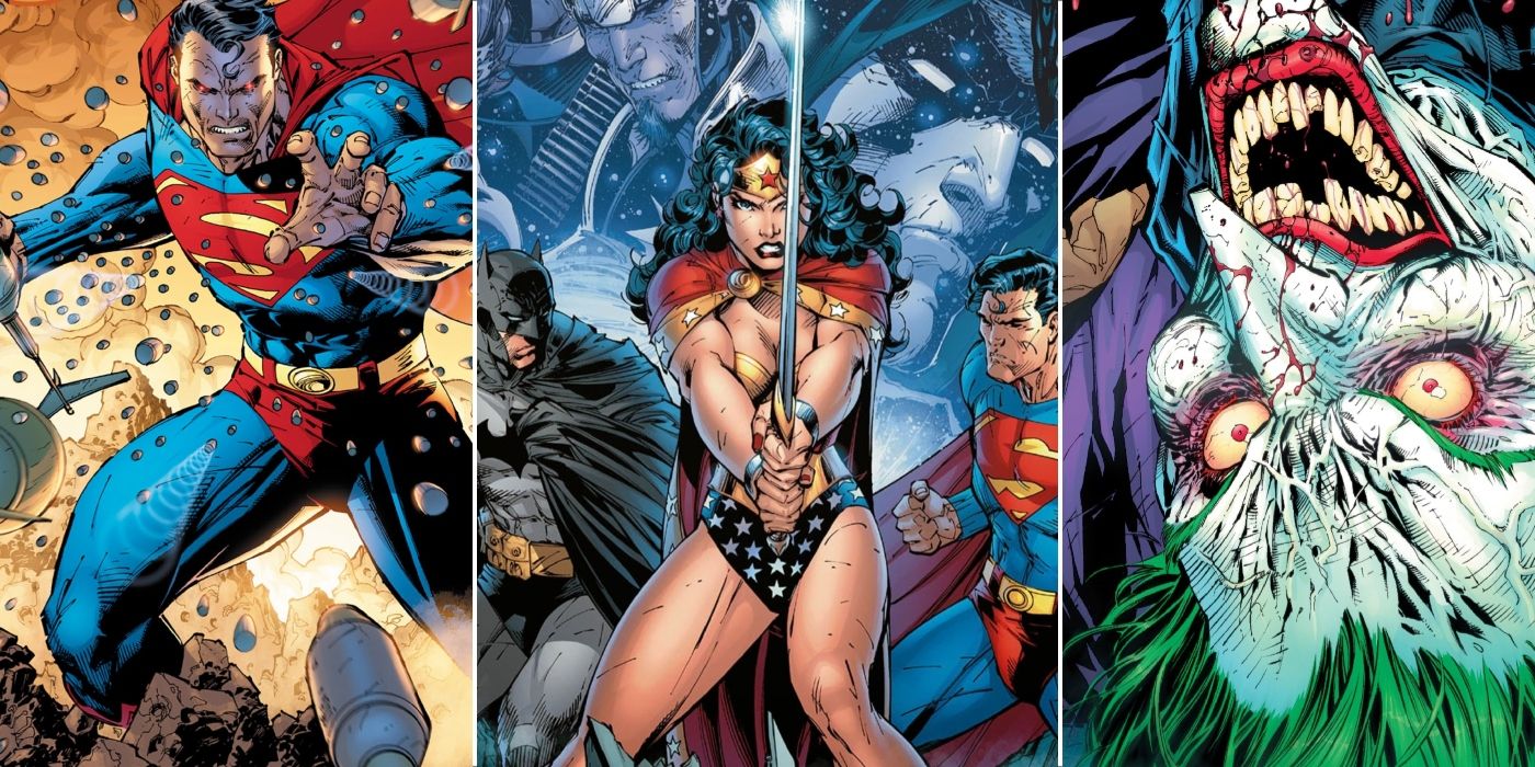 Les couvertures de Superman, Wonder Woman et Batman (avec le Joker) par Jim Lee.