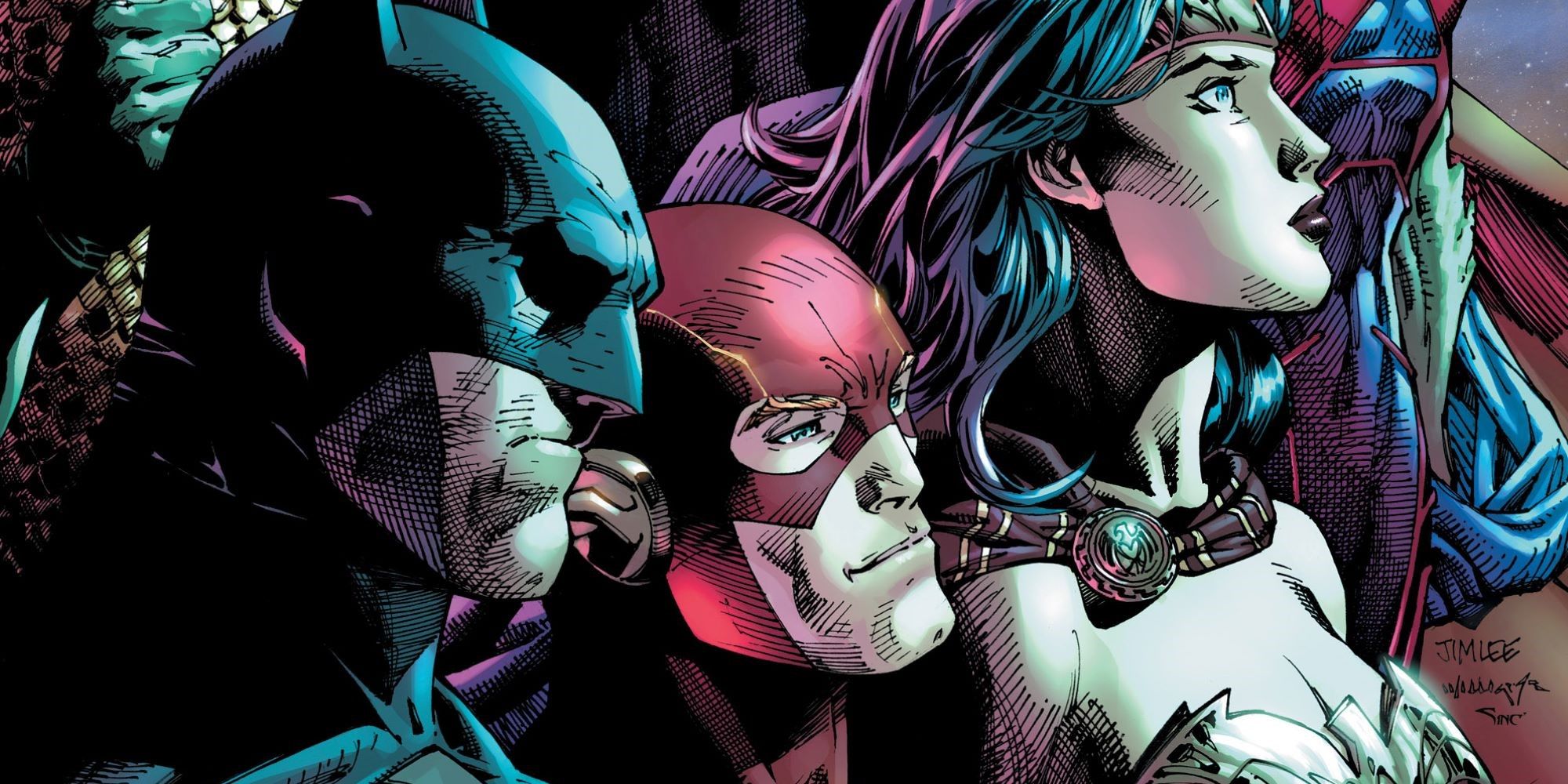 Batman, Flash et Wonder Woman regardant dans la même direction, dans une illustration de Jim Lee.