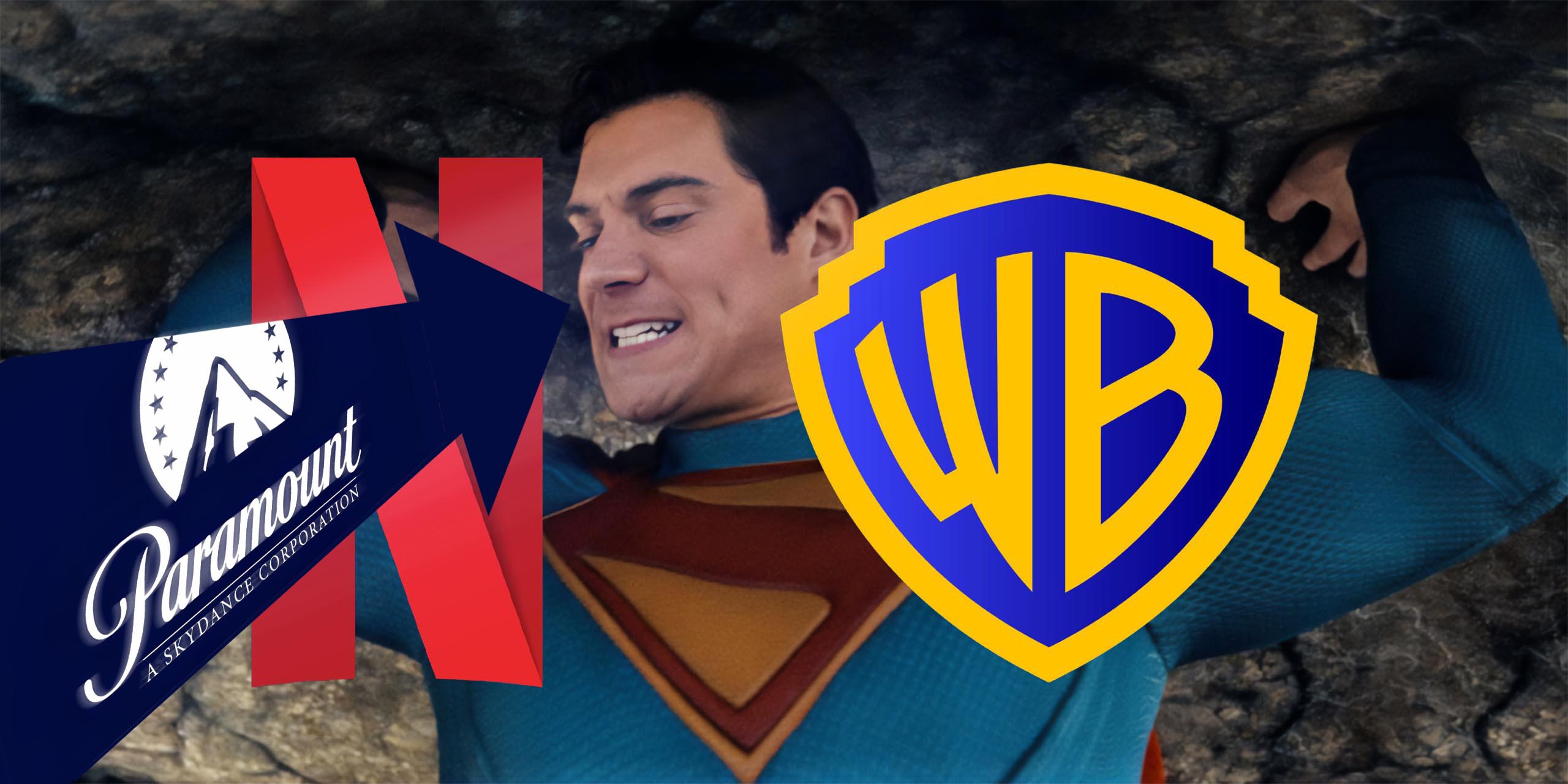 Superman soulevant un rocher, derrière les logos Paramount, Netflix et Warner Bros.