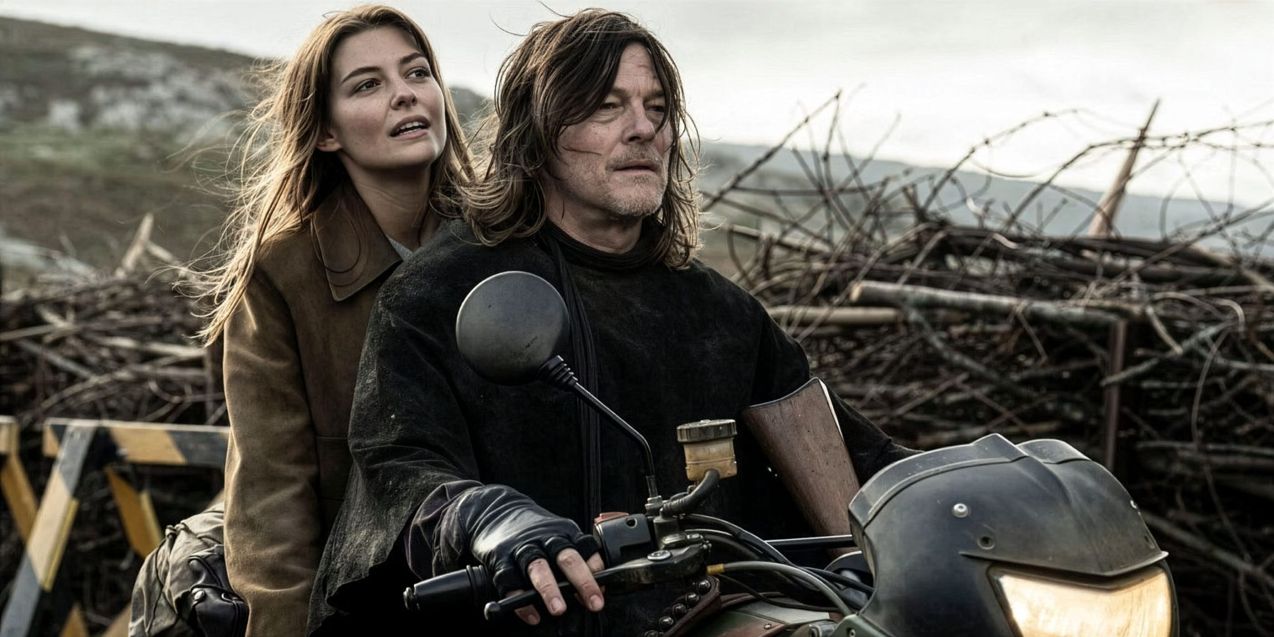 Justina (Candela Saitta) et Daryl (Norman Reedus) sur une moto dans The Walking Dead: Daryl Dixon.