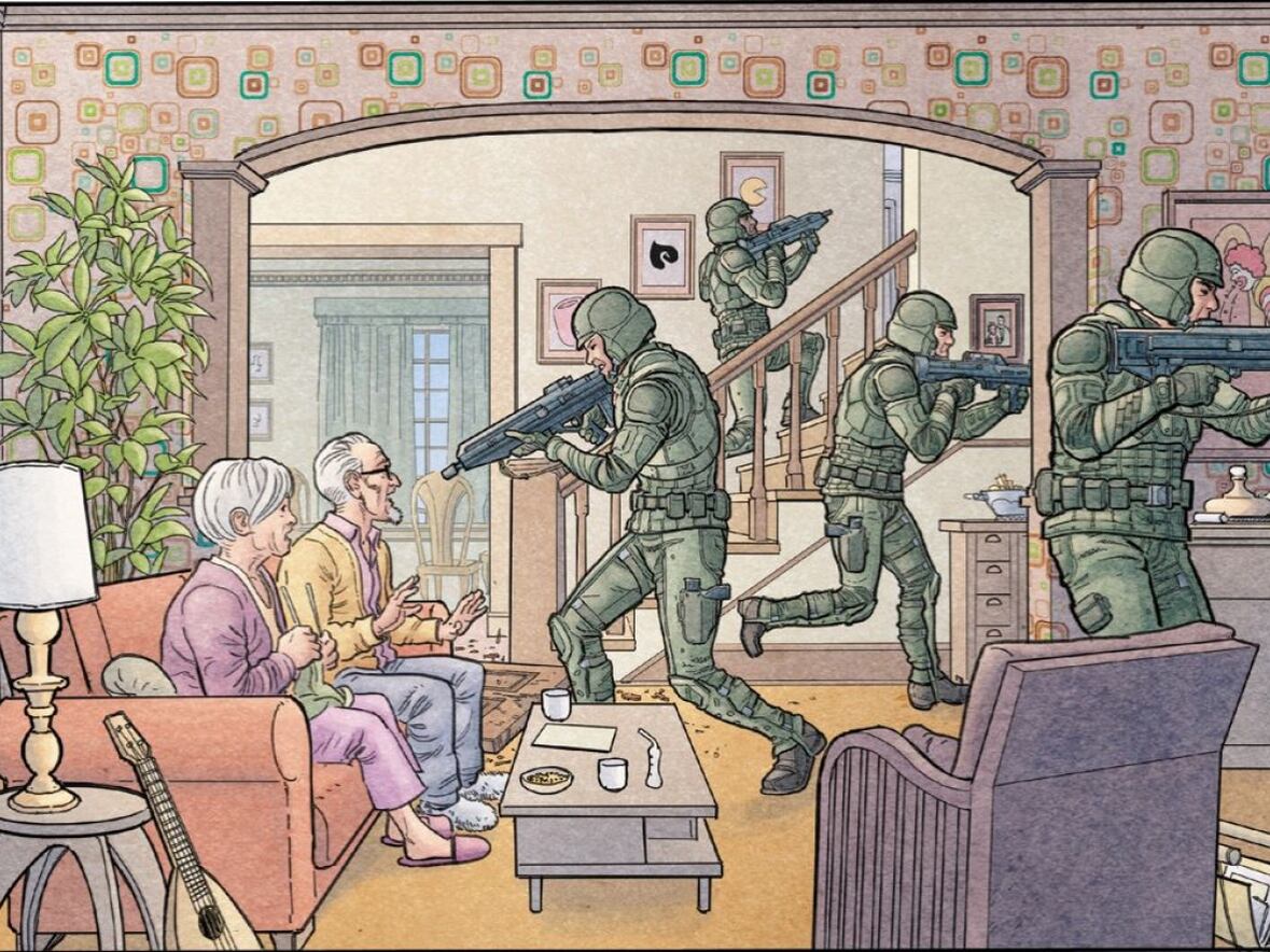 Des soldats américains envahissent la maison de citoyens canadiens dans We Stand on Guard.
