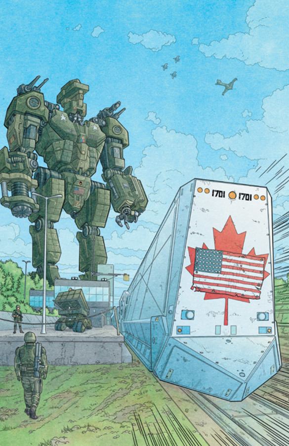 Un gigantesque robot de l'armée américain ayant envahie le Canada dans We Stand on Guard.