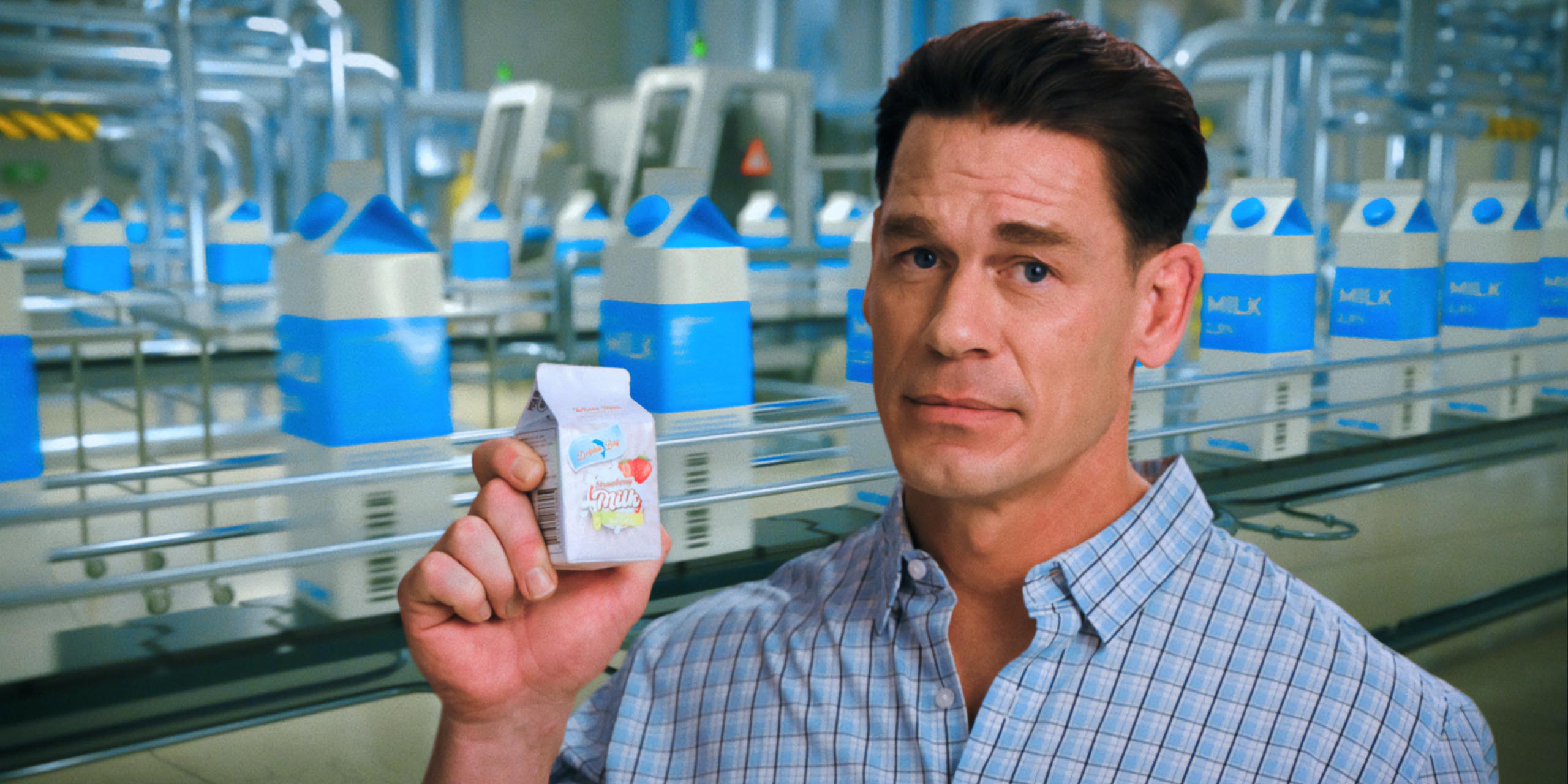 John Cena dans son propre rôle faisant une vidéo pédagogique pour le mystérieux lait des Autres dans Pluribus.