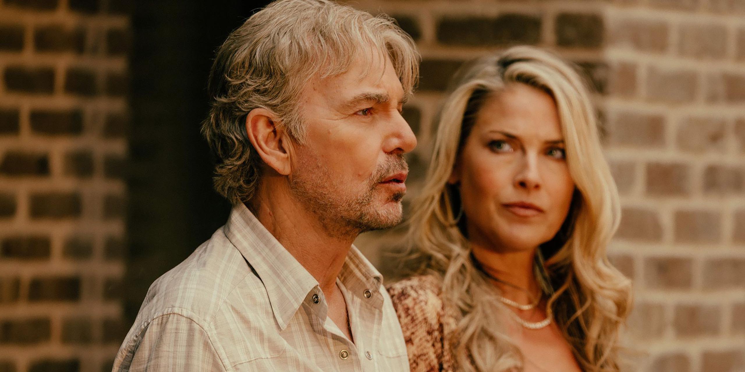 Landman saison 2 épisode 1 fin expliquée : Billy Bob Thornton dans le rôle de Tommy Norris et Ali Larter dans le rôle d'Angela Norris.