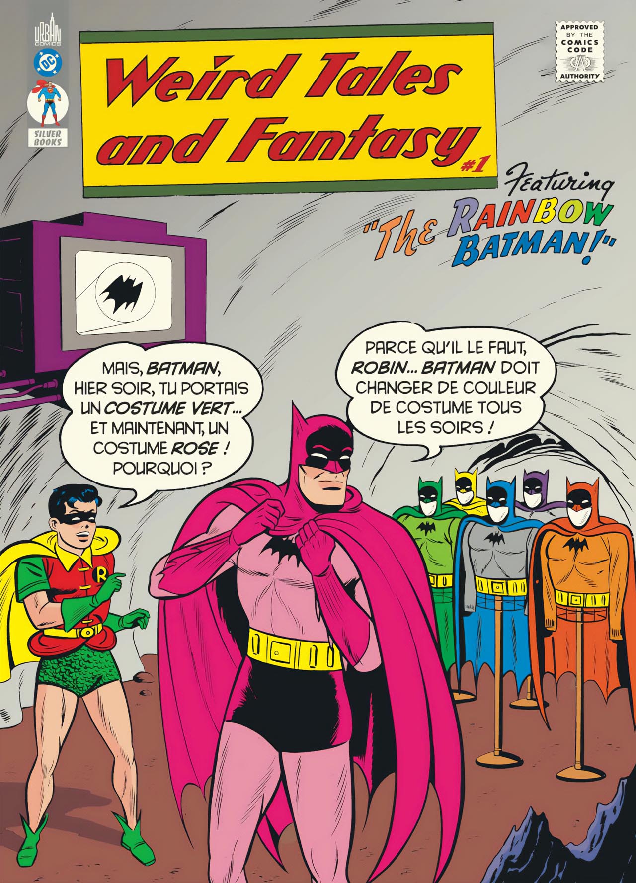 Batman et ses costumes de toutes les couleurs sur la couverture de DC Weird Tales and Fantasy chez Urban Comics.