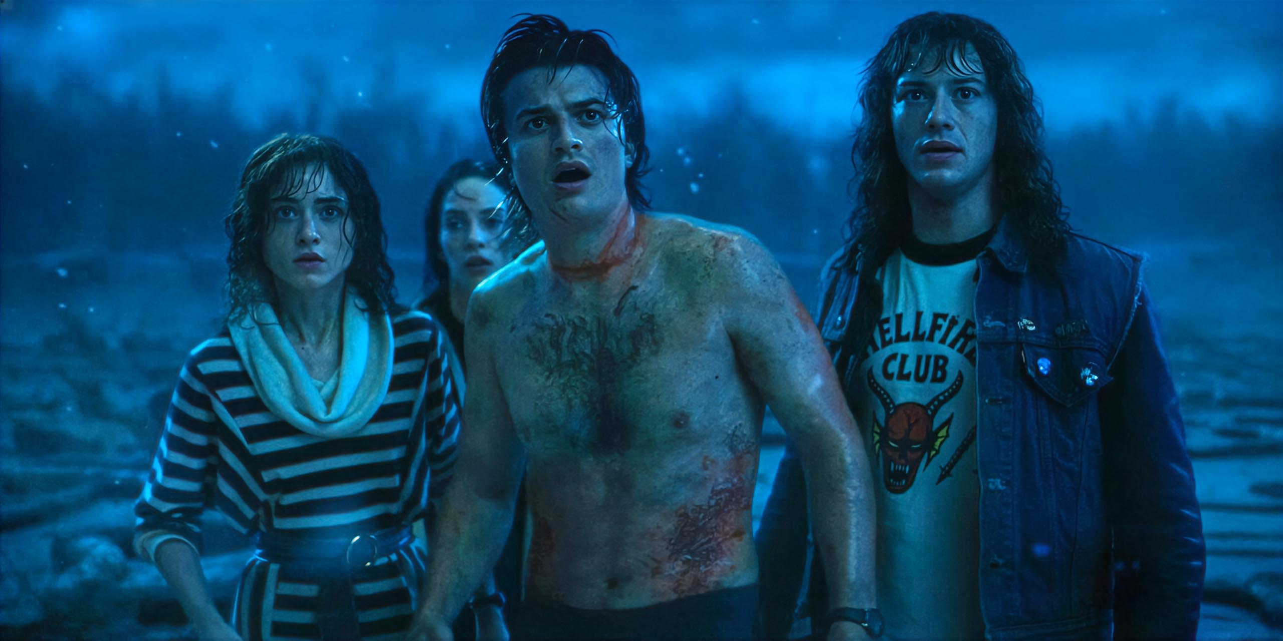Nancy, Robin, Steve et Eddie dans le Monde à l'Envers, dans la saison 4 de Stranger Things.