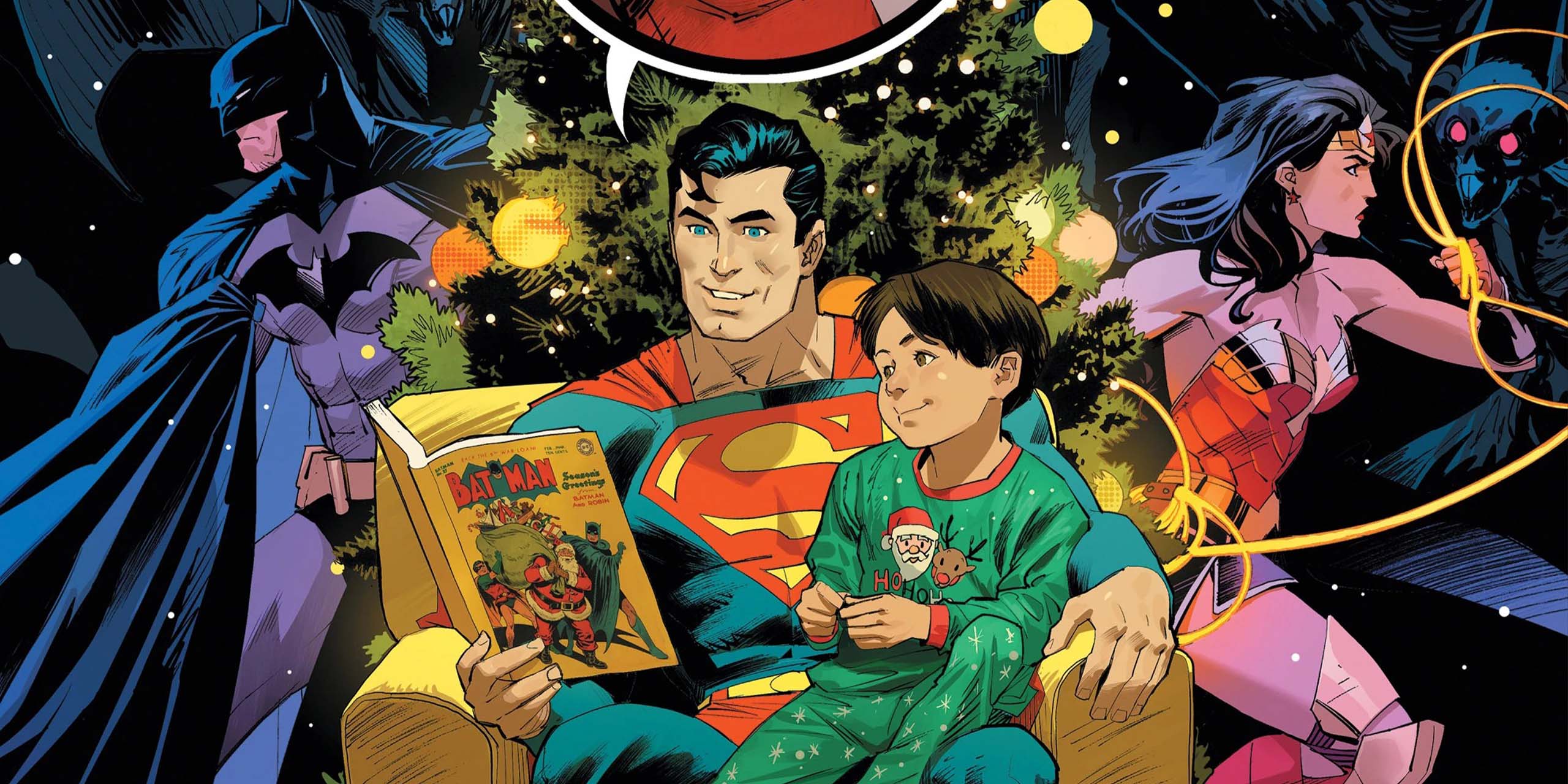 Couverture de Batman Santa Claus Silent Knight Returns #1 : Superman liant une histoire à un enfant, avec Batman, Wonder Woman et le Père Noël.