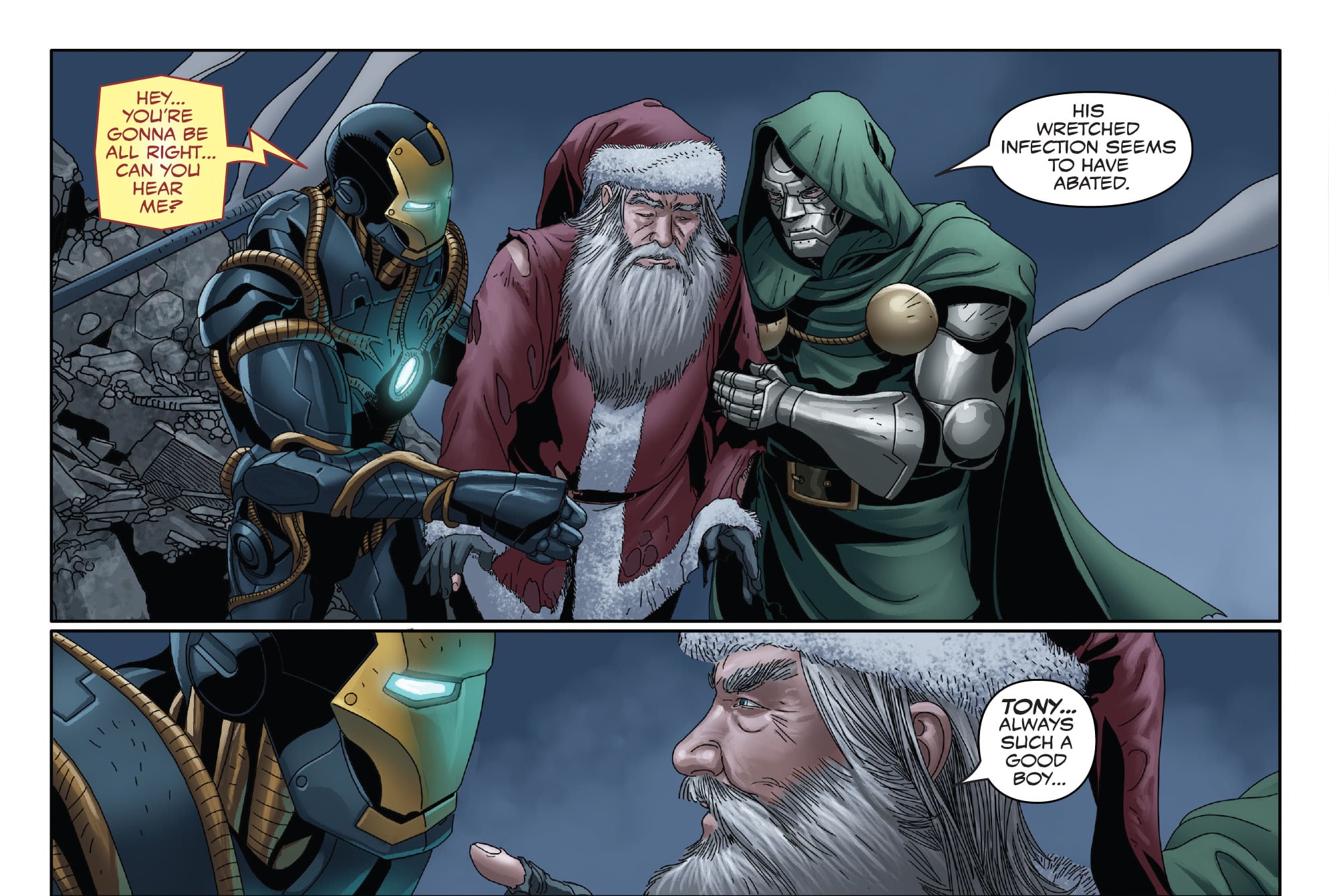 Le Père Noël aidé par Iron Man et Dr Doom (Fatalis) dans King In Black: Iron Man/Doom #1.