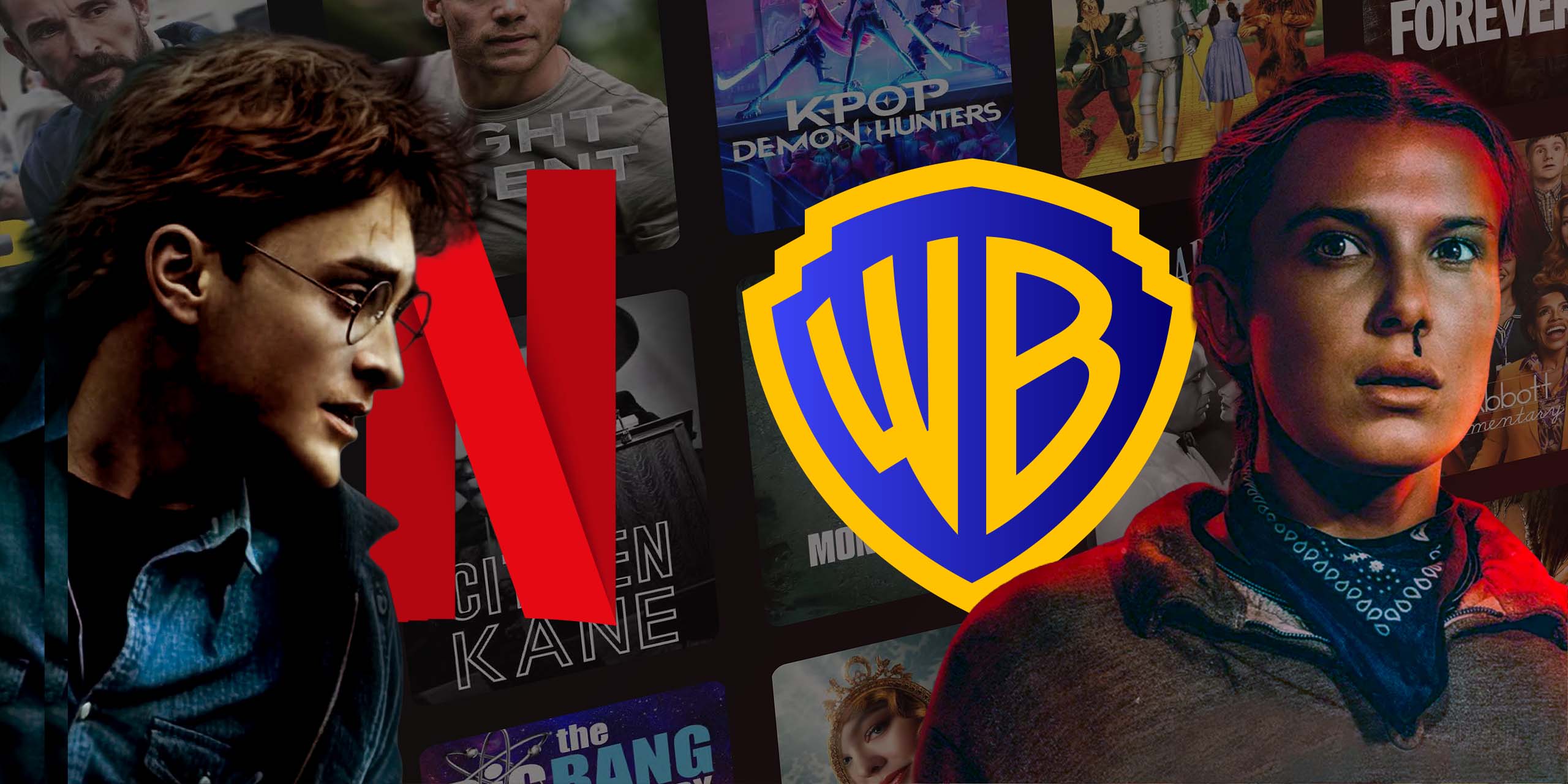 Harry Potter et Onze de Stranger Things, aux côtés des logos Netflix et Warner Bros.