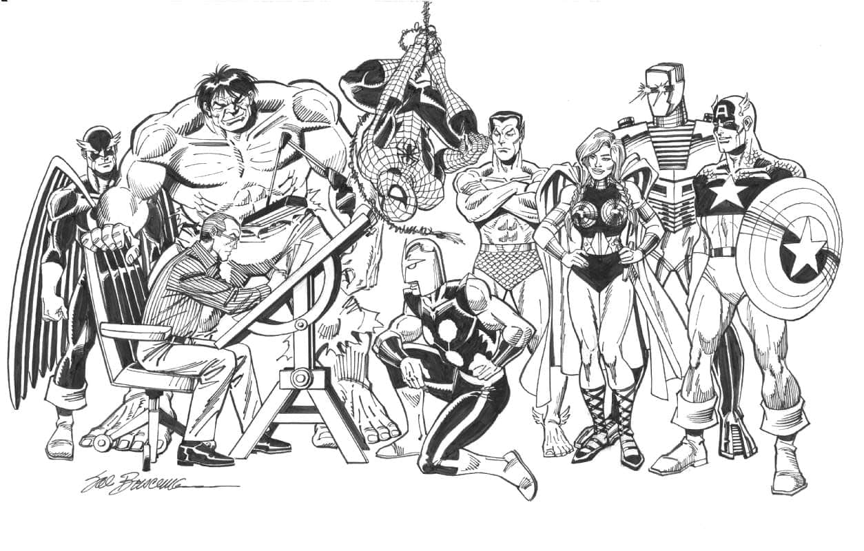 Hulk, Spider-Man et tous les héros Marvel autour du dessinateur, dessin de Sal Buscema.