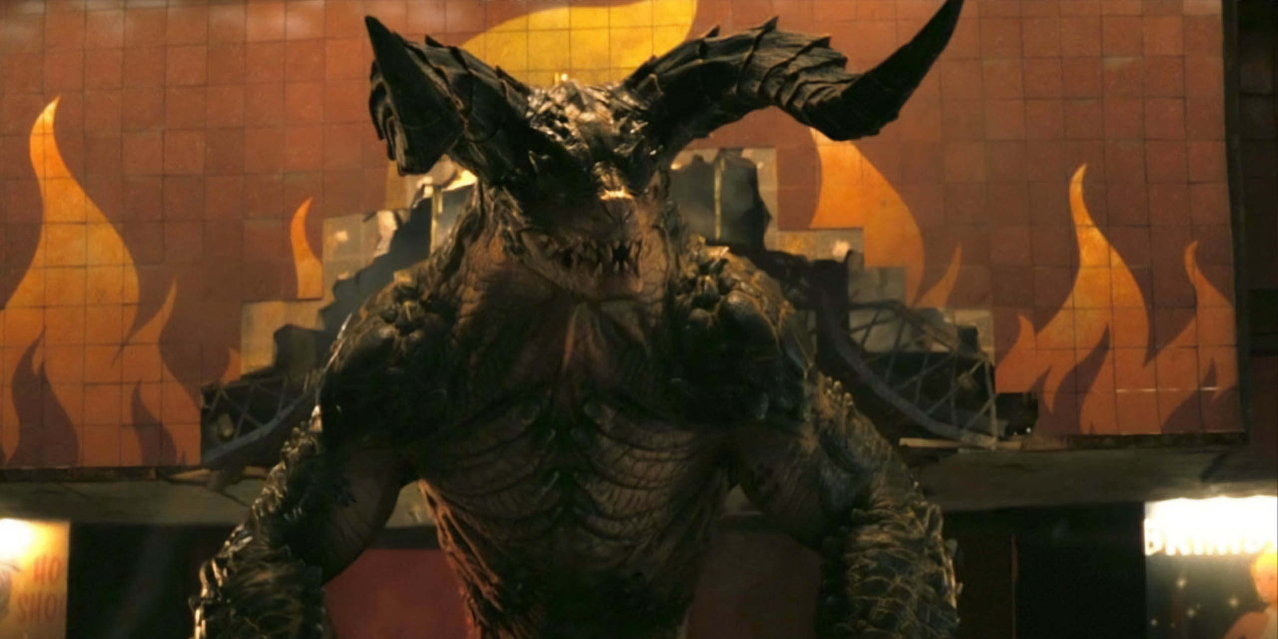 Un Griffemort (Deathclaw) fait face à Lucy et la Goule dans Fallout.