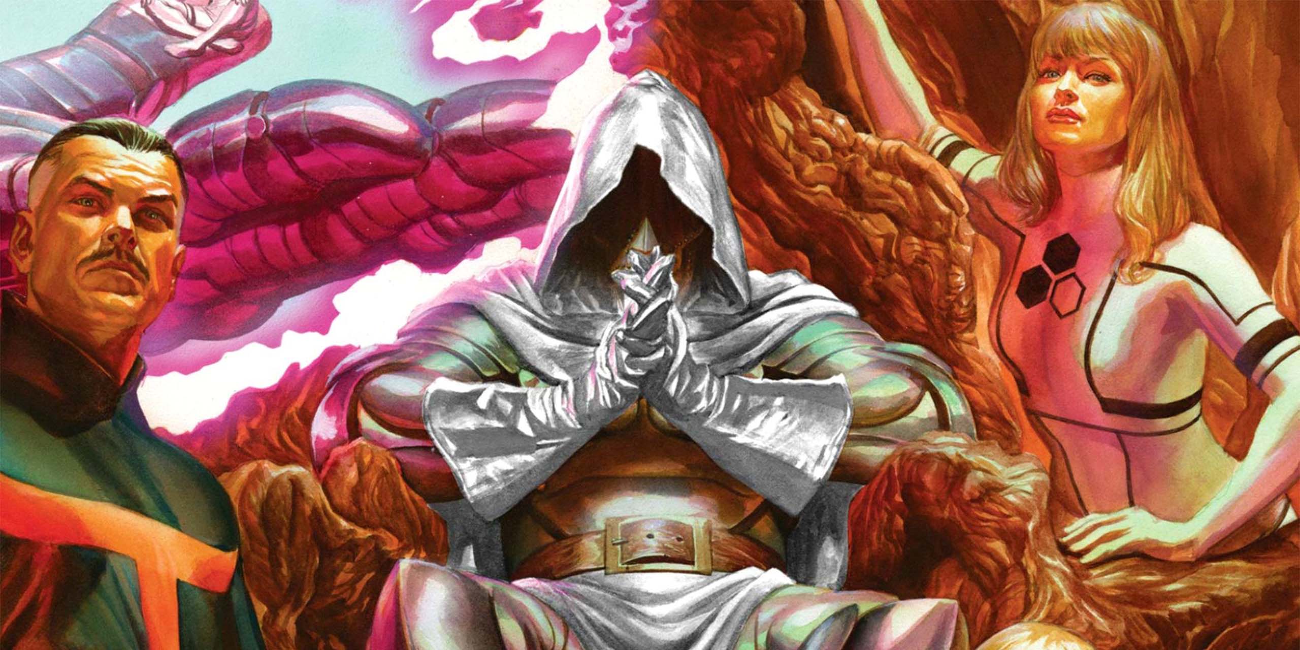Le Dieu Empereur Fatalis (Dr Doom) sur son trône aux côtés de Dr Strange et Sue Richards dans Secret Wars. Illustration de Alex Ross.