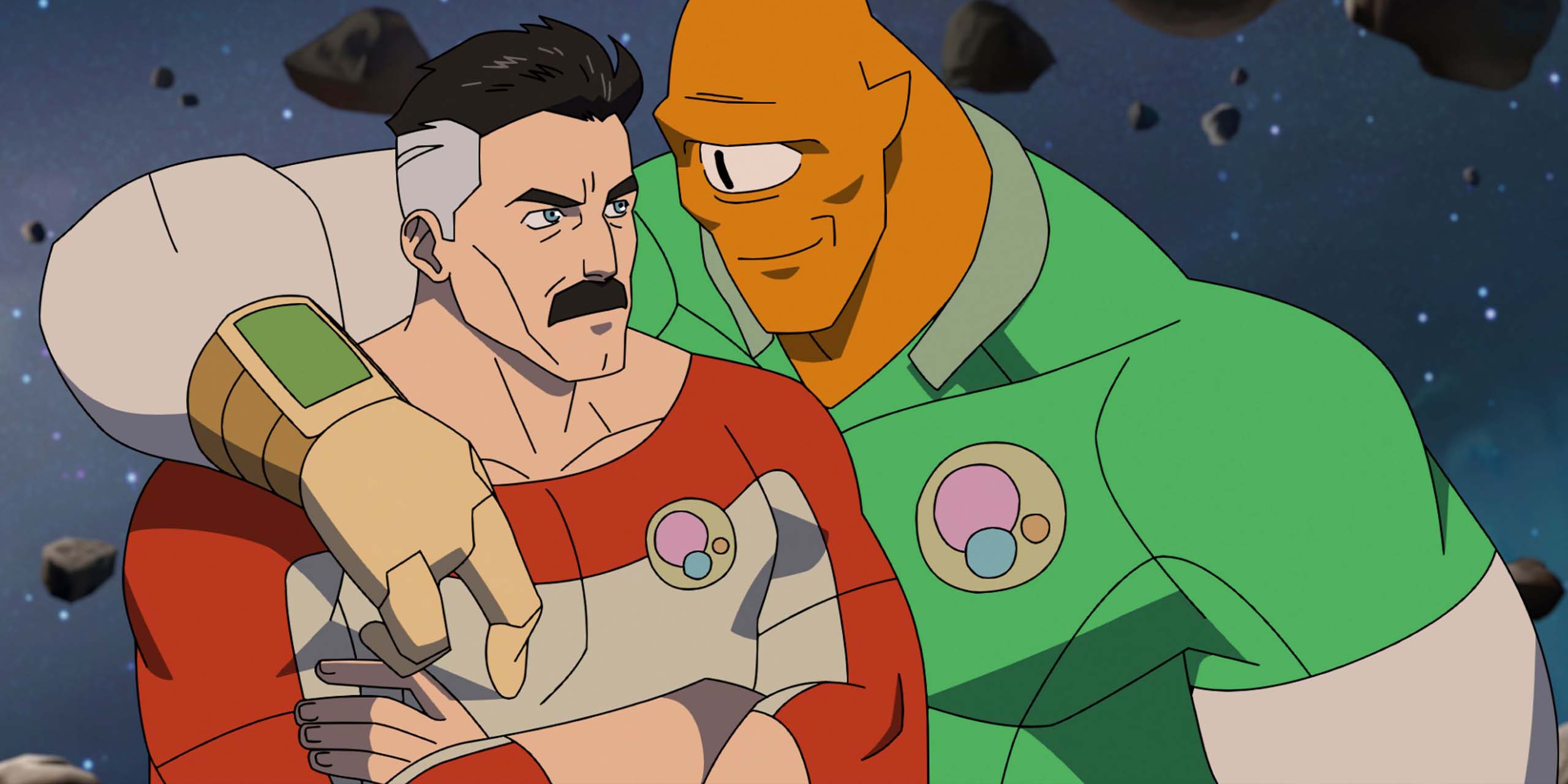 Allan l'extraterrestre, les bras autour d'Omni-Man, dans la saison 4 d'Invincible