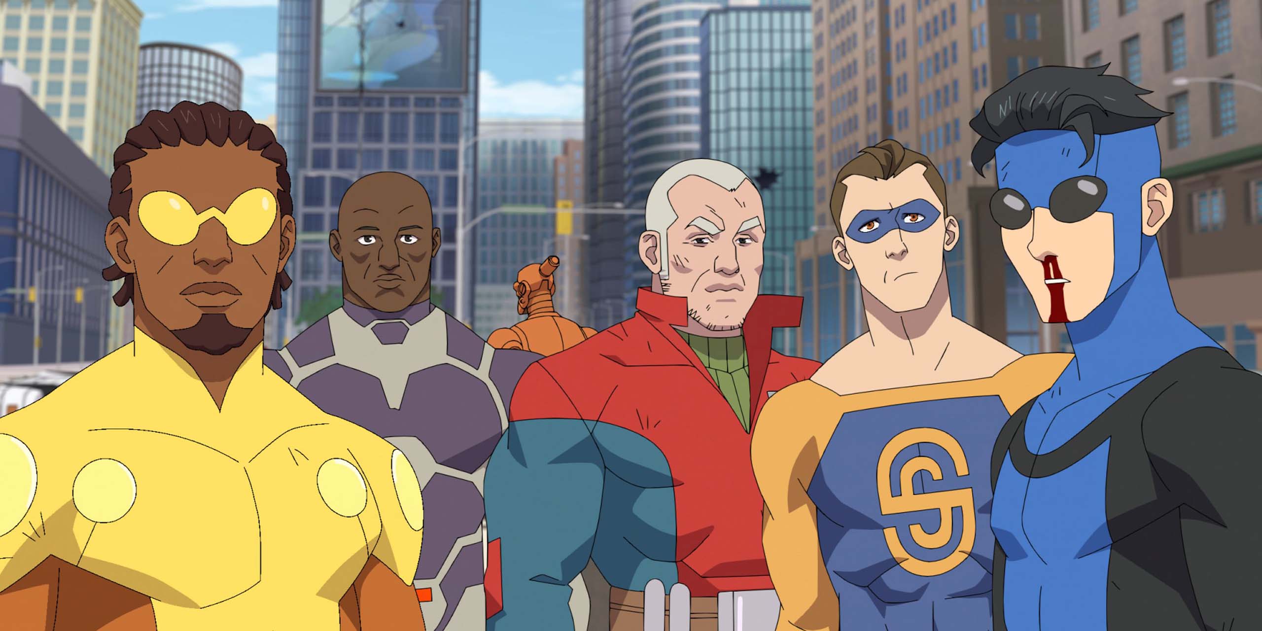 Un Invincible ensanglanté figure aux côtés d'autres héros dans la saison 4.
