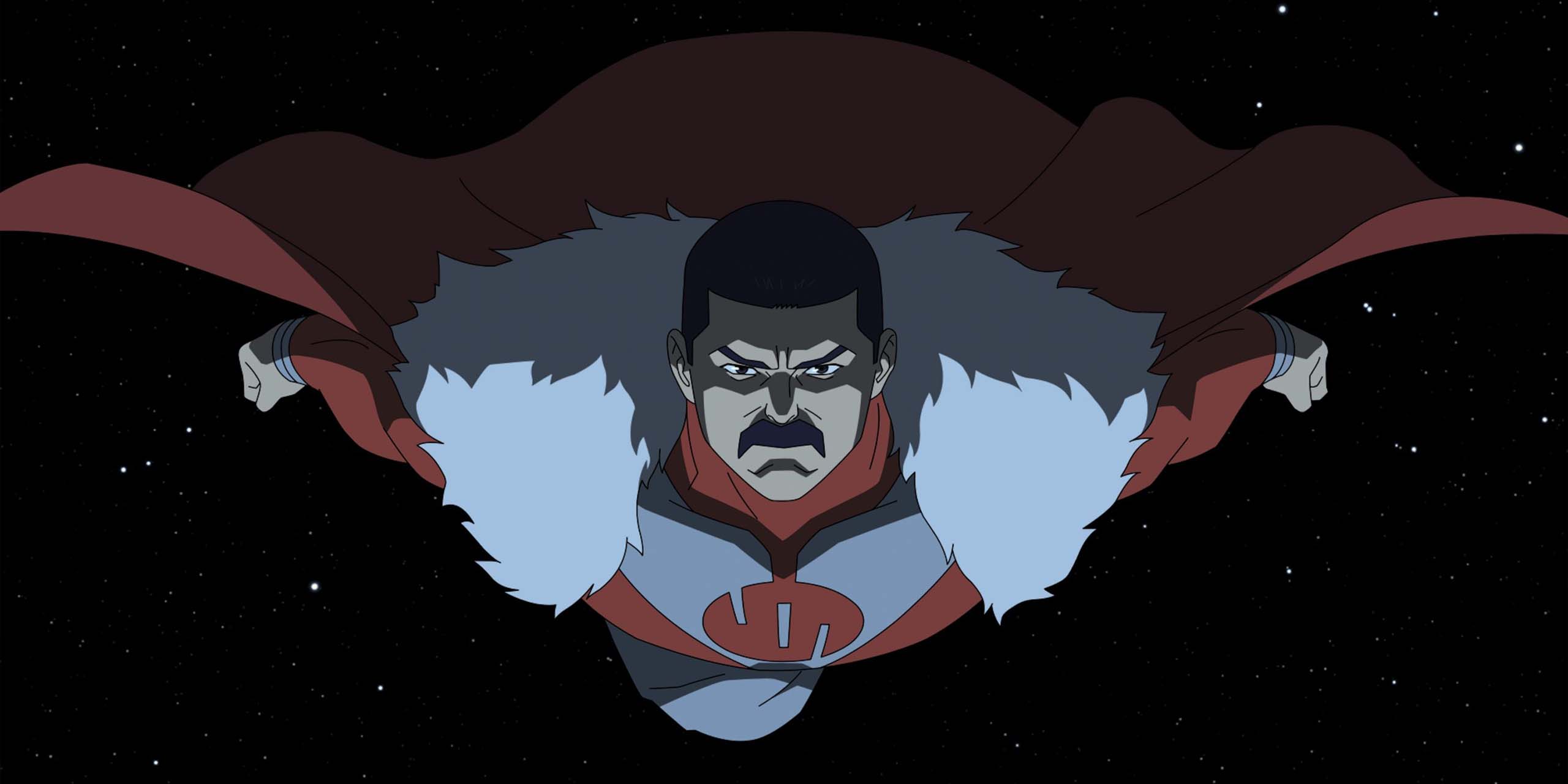 Gros plan sur Thragg (Lee Pace) volant dans l'espace dans la saison 4 d'Invincible