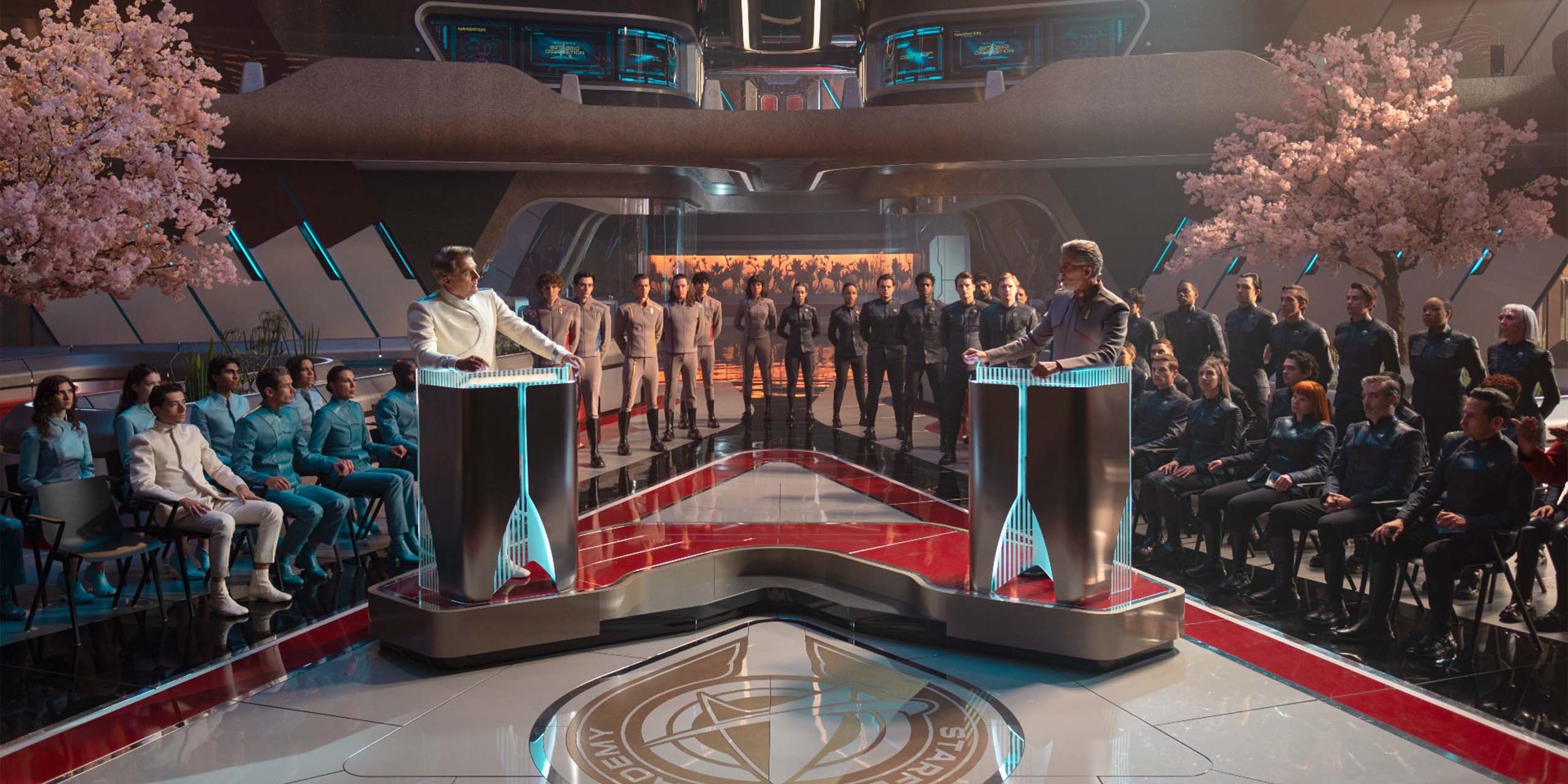 Le président Sadal débat avec l'Amiral Vance dans Star Trek: Starfleet Academy.