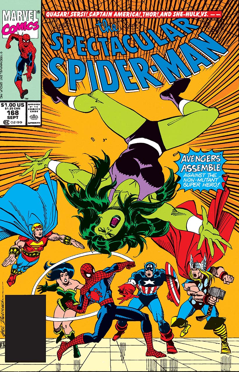 Spider-Man frappant Miss Hulk devant les Avengers, sur la couverture de PETER PARKER, THE SPECTACULAR SPIDER-MAN (1976) #168), dessinée par Sal Buscema.