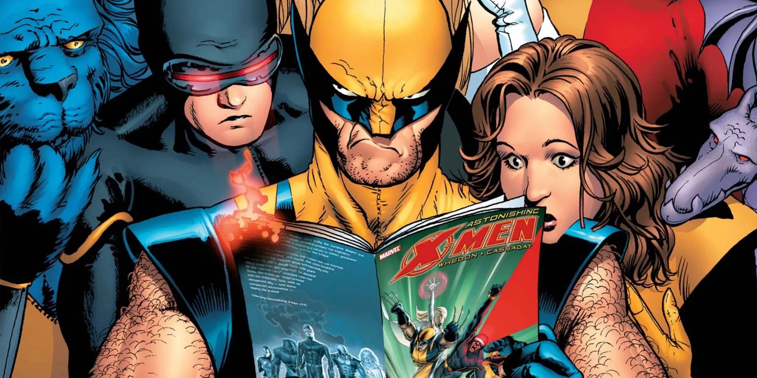 Wolverine lisant des comics entouré des X-Men, en couverture d'Astonishing X-Men.