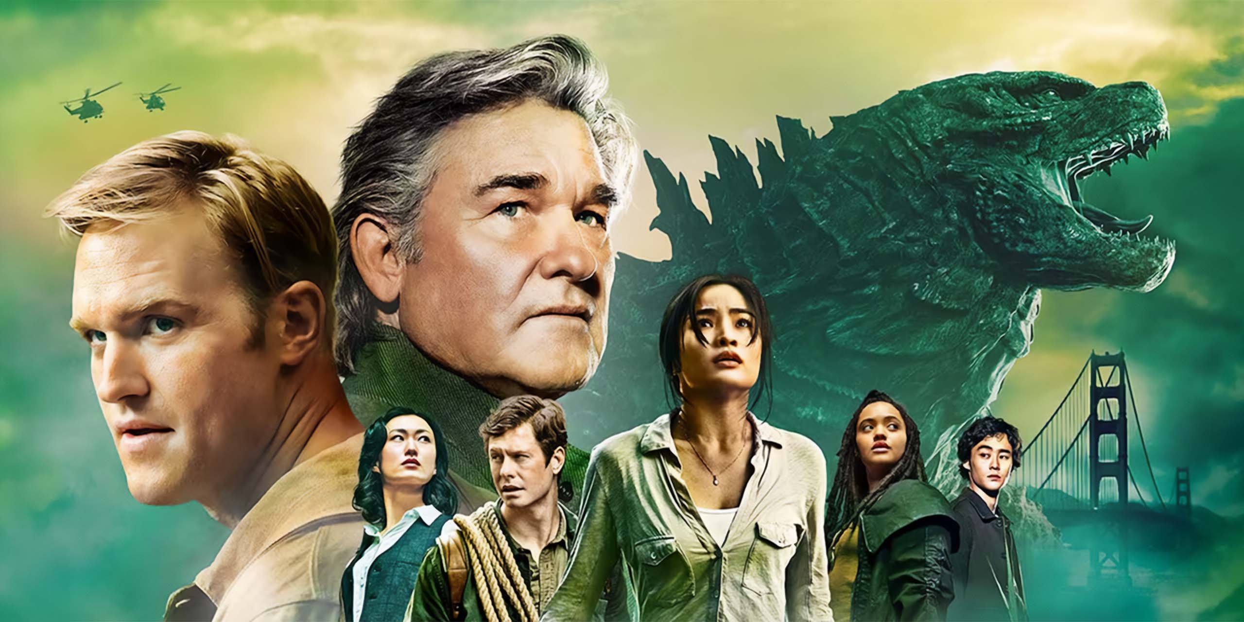 Poster officiel de Monarch: L'héritage des Monstres, avec Wyatt et Kurt Russell, Mari Yamamoto, Anders Holm, Anna Sawai, Kiersey Clemmons et Ren Watabe.