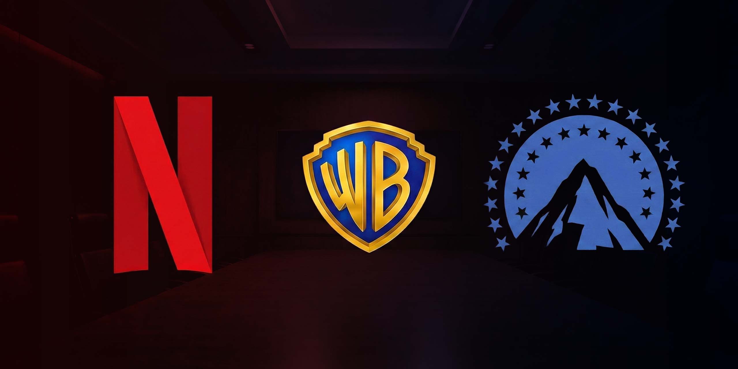 Logos officiels de Netflix, Warner Bros. Discovery et Paramount dans une salle de conférence sombre, illustrant la bataille pour le rachat du studio.