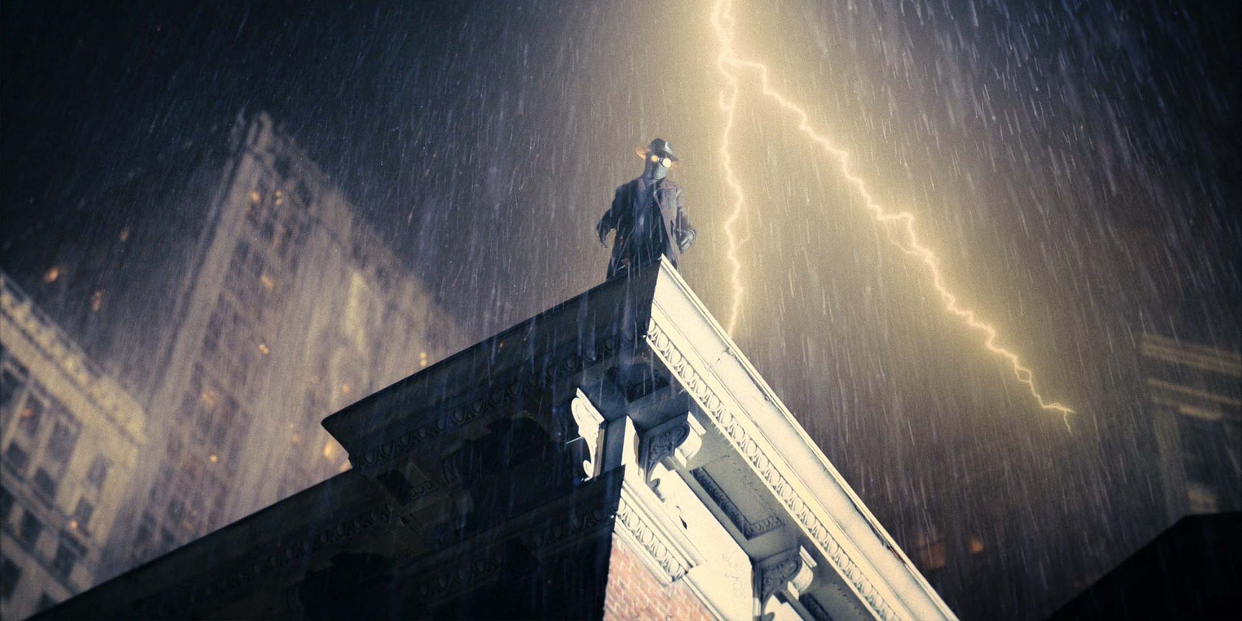 Nicolas Cage dans le rôle de Ben Reilly sur le toit dans Spider-Noir (version couleurs).