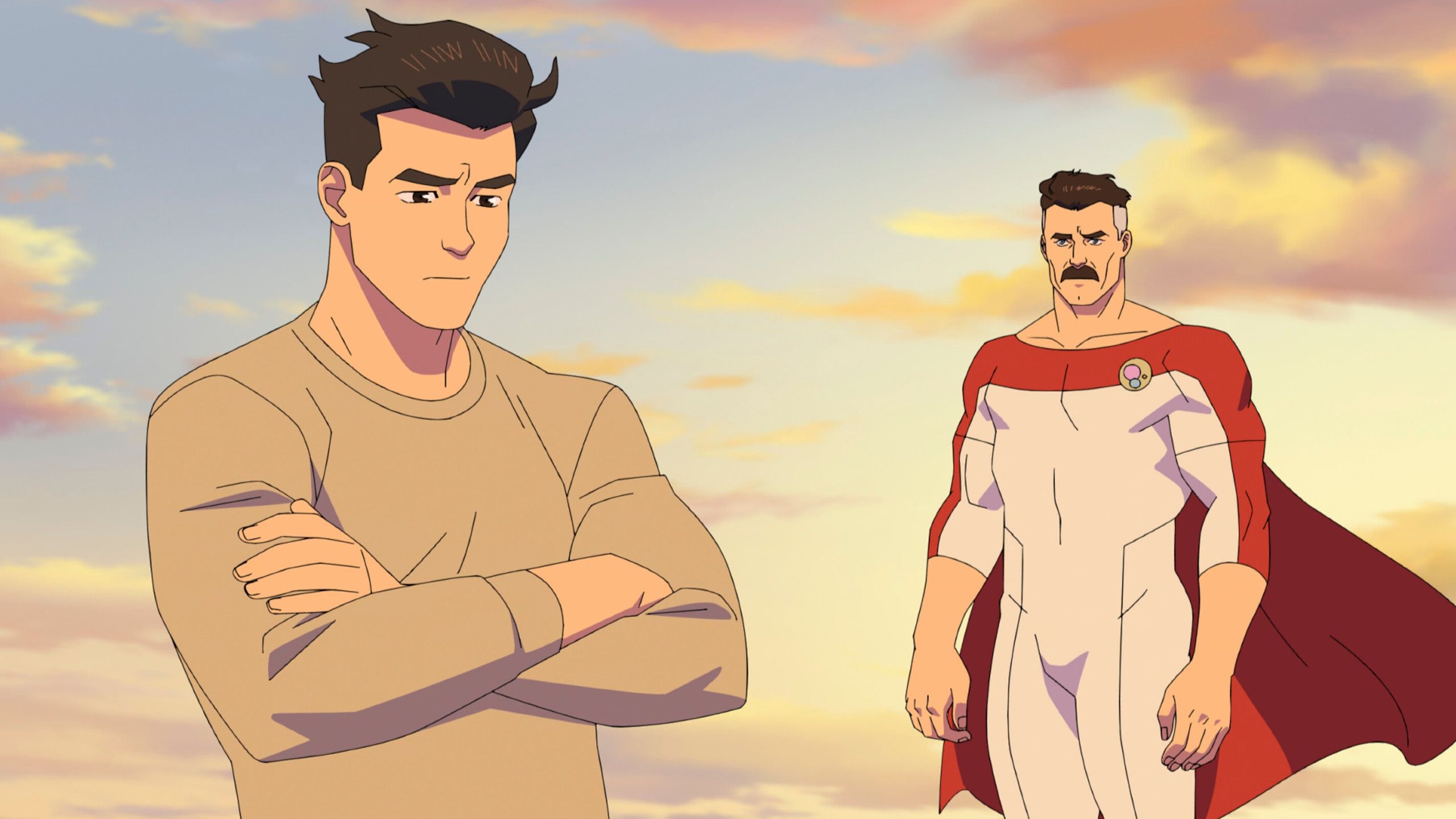 Mark Grayson discutant en plein vol avec son père Nolan, alias Omni-Man, dans la saison 4 d'Invincible.