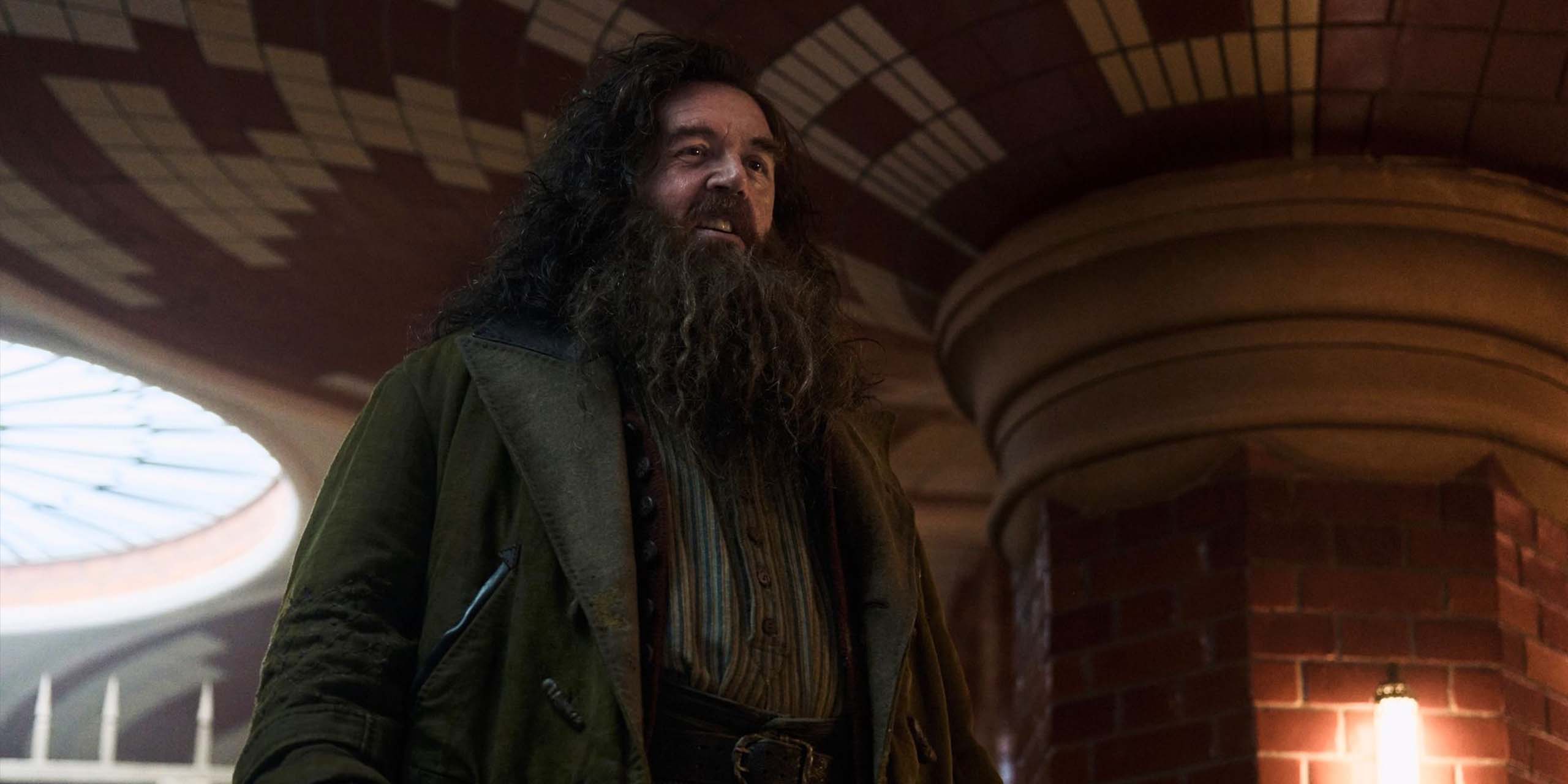 Nick Frost souriant dans le rôle de Hagrid dans Harry Potter à l'école des sorciers