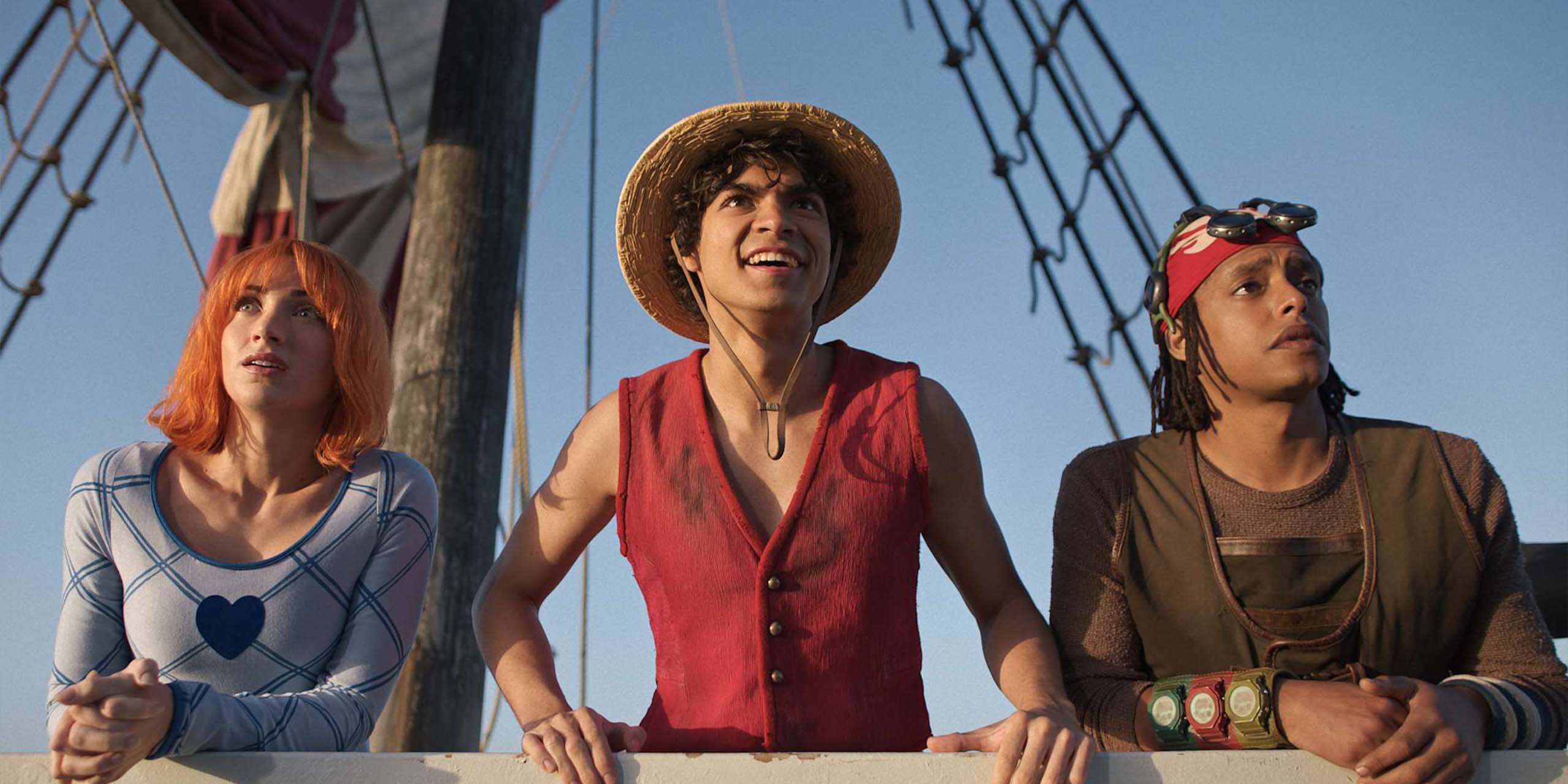 Emily Rudd (Nami), Iñaki Godoy (Monkey D. Luffy) et Jacob Romero (Usopp) dans la saison 2 de One Piece.