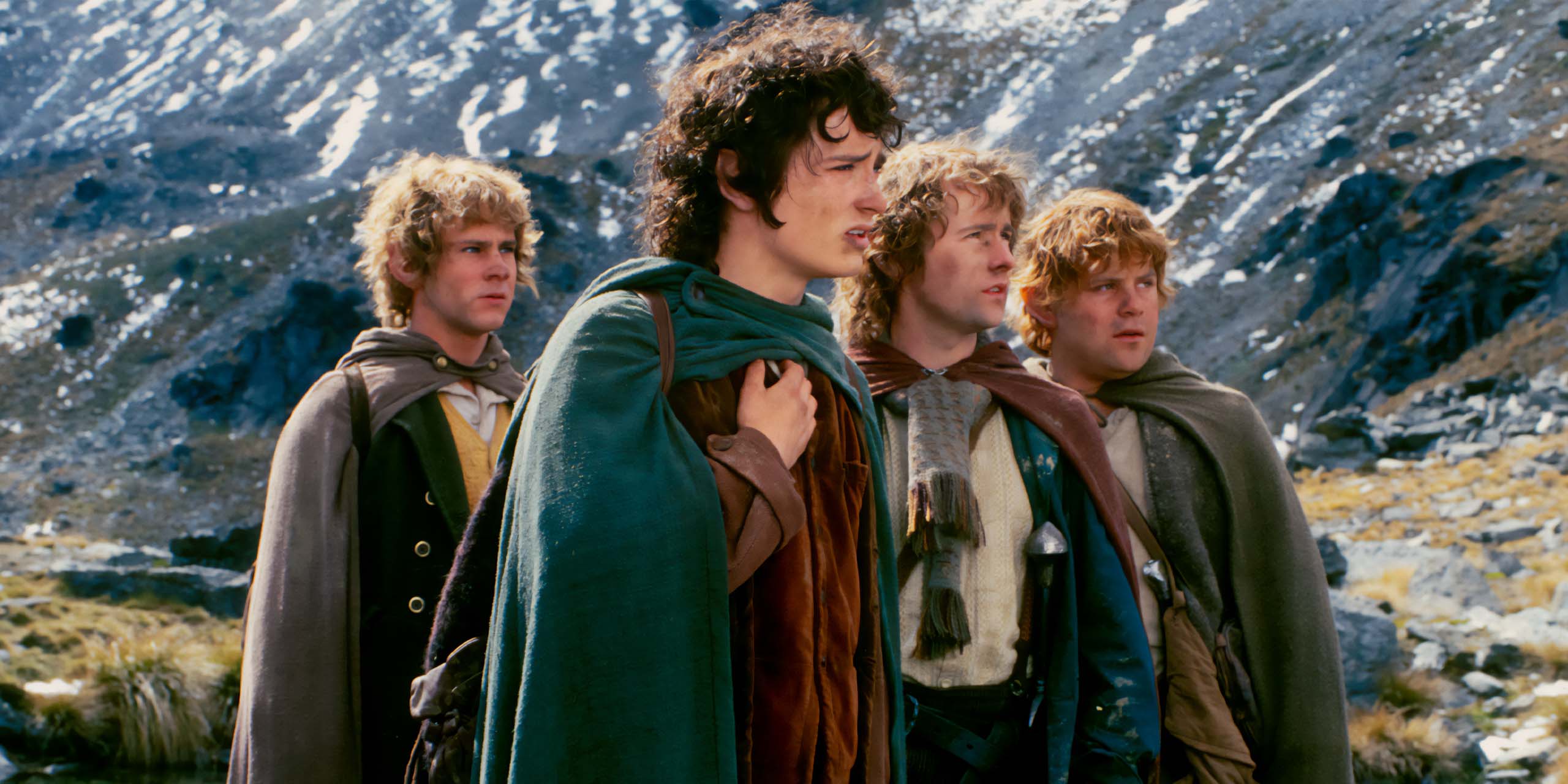 Frodon, Pippin, Sam et Merry dans Le Seigneur des Anneaux : La Communauté de l'Anneau