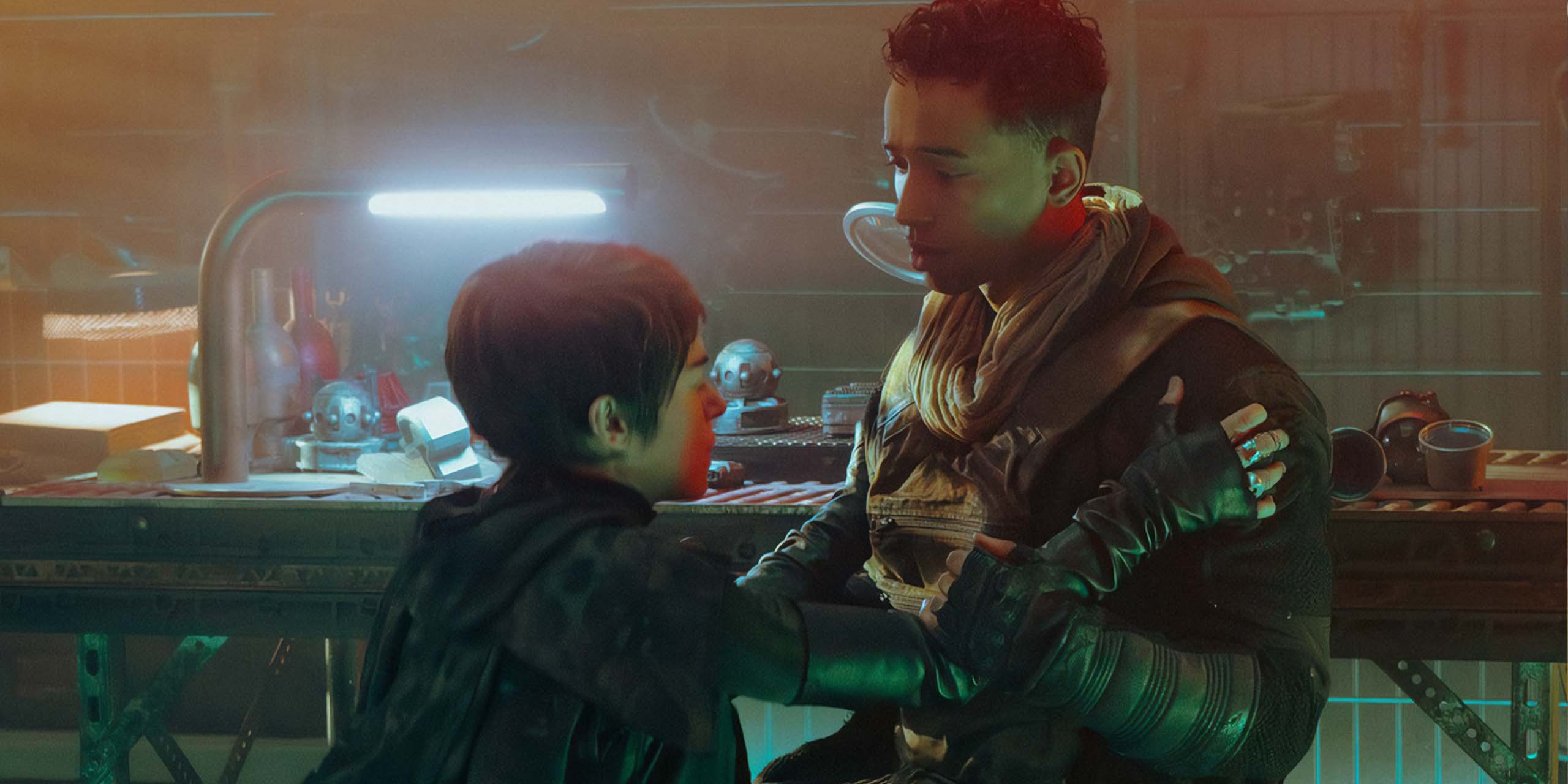Anisha (Tatiana Maslany) et Caleb (Sandro Rosta) dans l'épisode 9 de la saison 1 de Star Trek : Starfleet Academy.