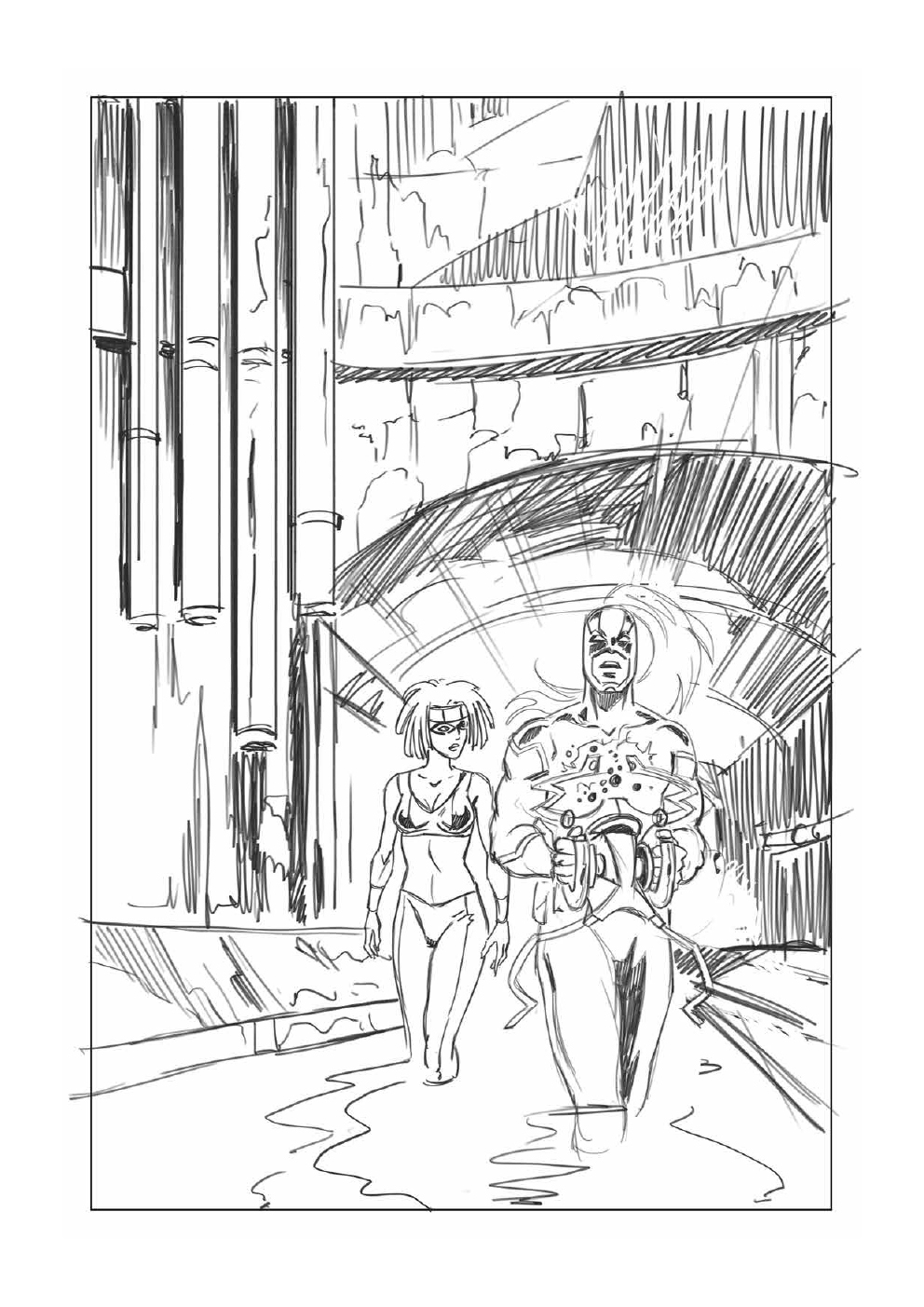 Brouillon de la première planche de l'épisode Tempête Quantique du Garde Républicain.