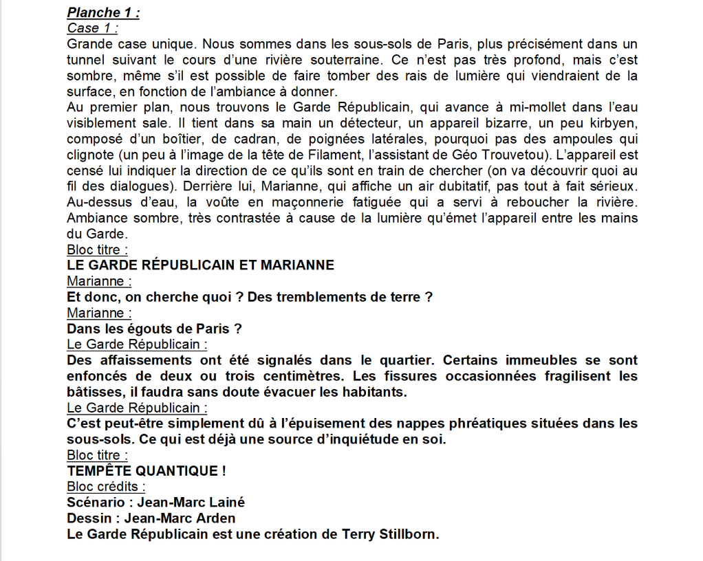 Script de Tempête Quantique, un épisode du Garde Républicain, écrit par Jean-Marc Lainé.