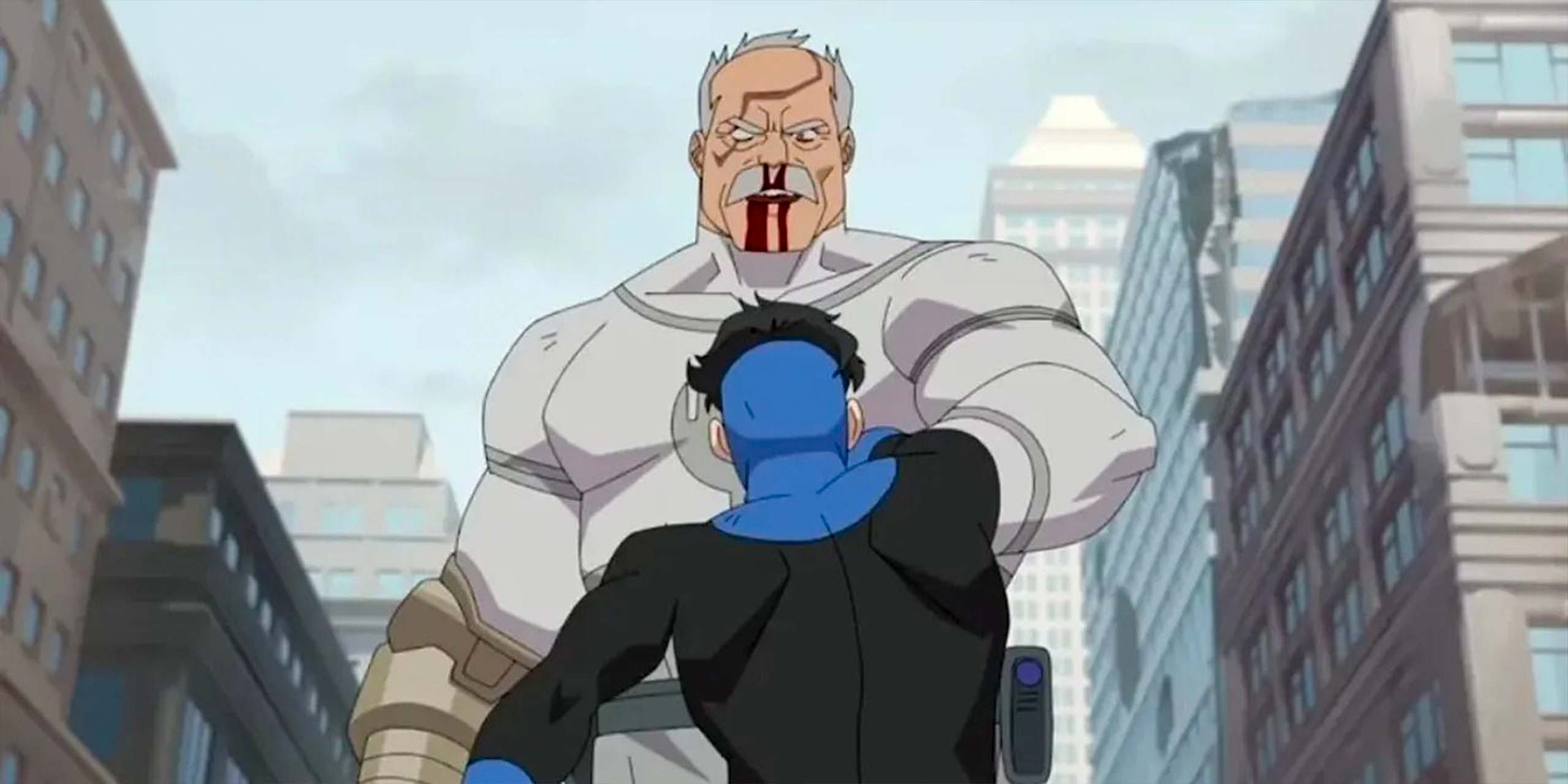 Conquest ensanglantée encaissant le coup de poing de Mark dans Invincible.