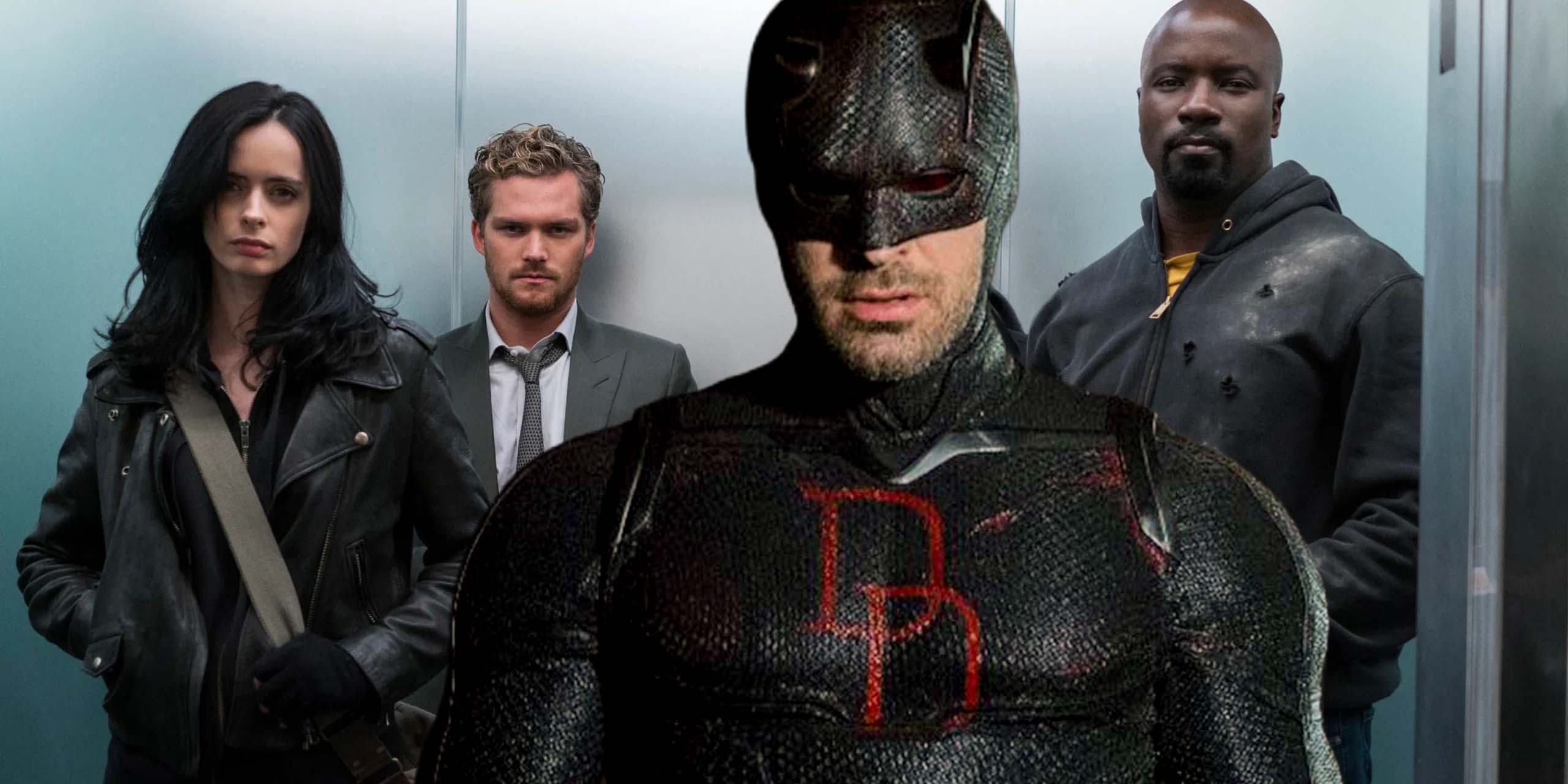Daredevil, Jessica Jones, Iron Fist et Luck Cage alias les Defenders, dans un ascenseur, Daredevil: Born Again.