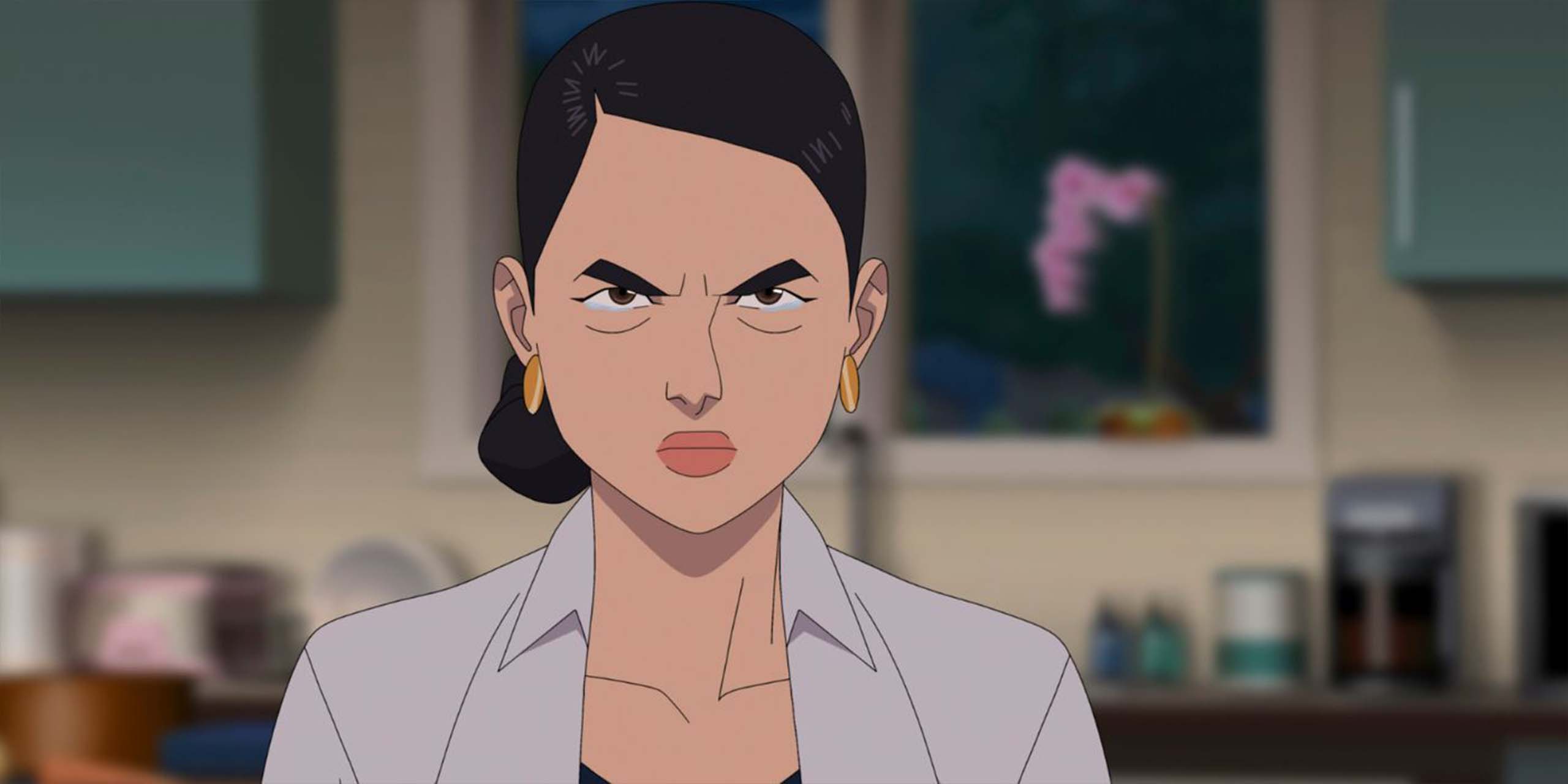Sandra Oh dans le rôle de Debbie Grayson, en colère et les larmes aux yeux dans Invincible Saison 4, épisode 5.