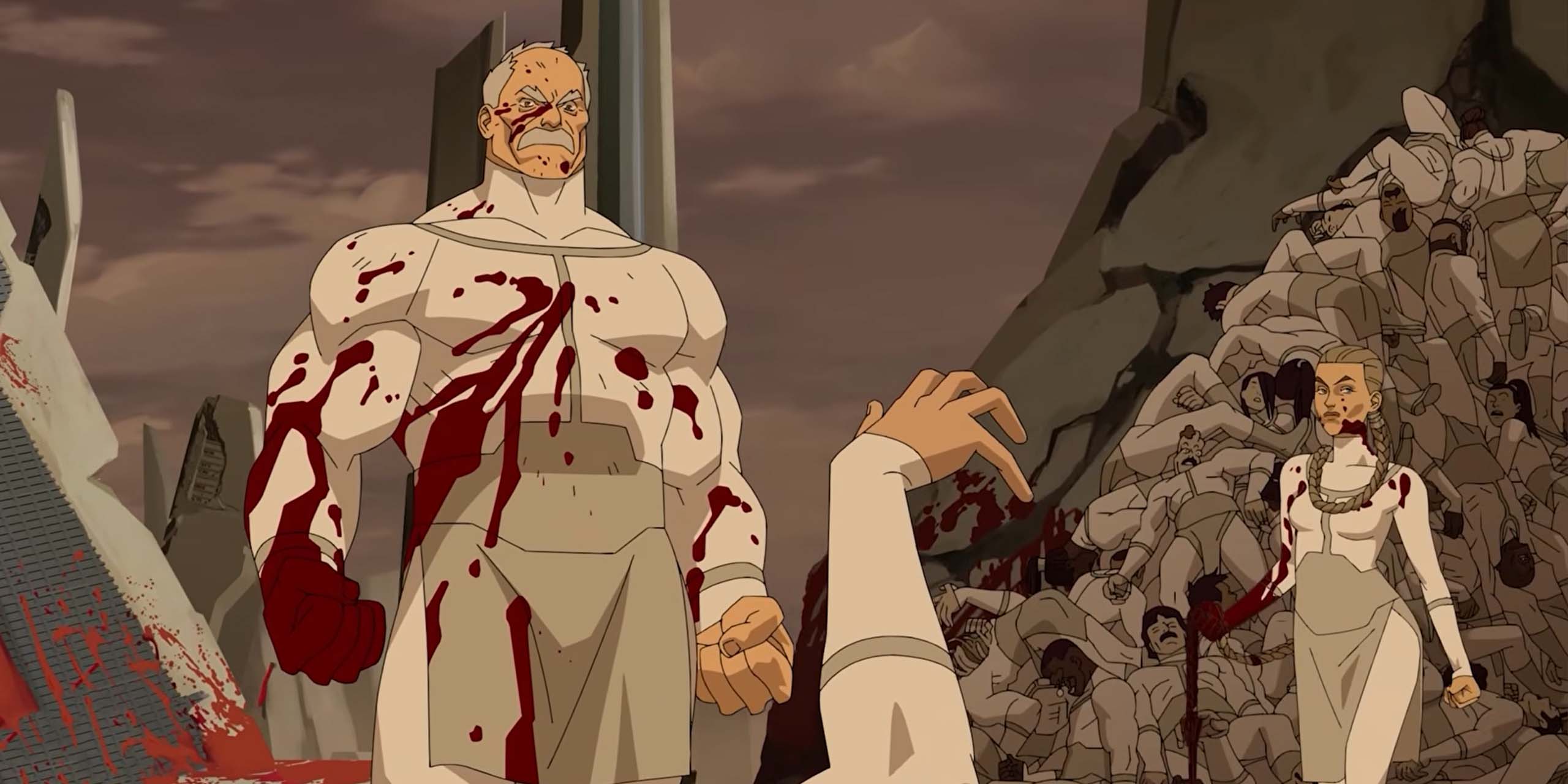 Conquest, le visage ensanglanté, se tient près d'un amas de cadavres dans l'épisode 7 de la saison 4 d'Invincible.
