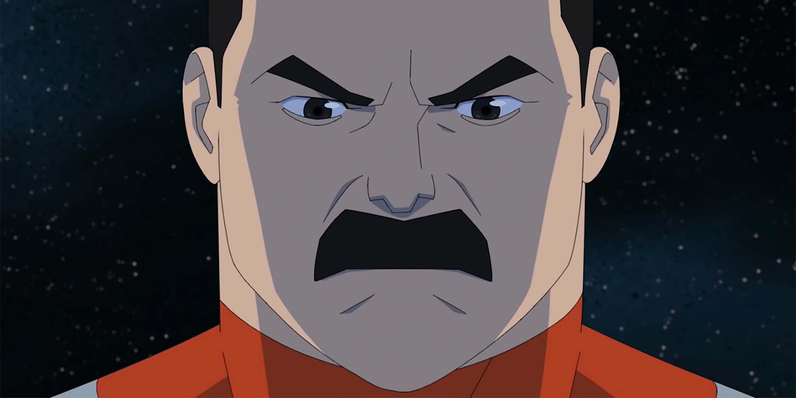 Gros plan sur le Grand Régent Thragg regardant vers le bas dans l'épisode 7 de la saison 4 d'Invincible