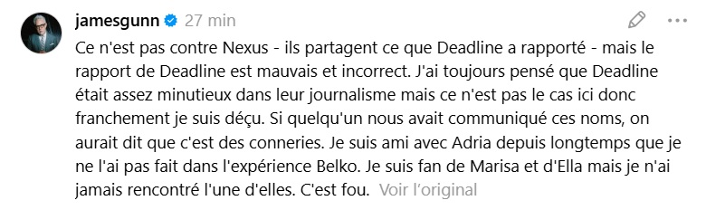 Le démenti de James Gunn sur Threads, à propos du casting de Superman: Man of Tomorrow.