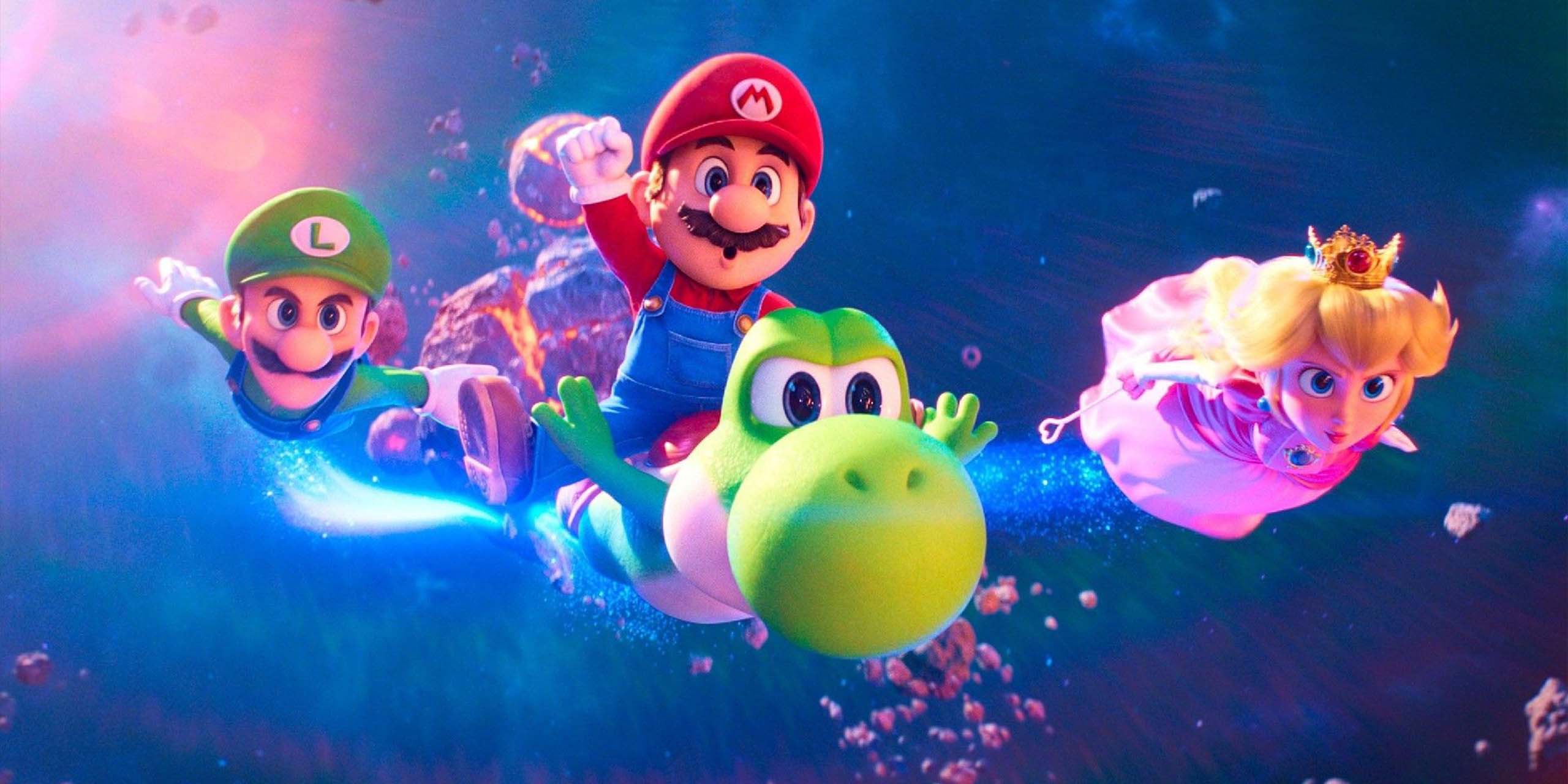 Luigi, Mario, Yoshi et Peach volent dans l'espace dans Super Mario Galaxy, le film.