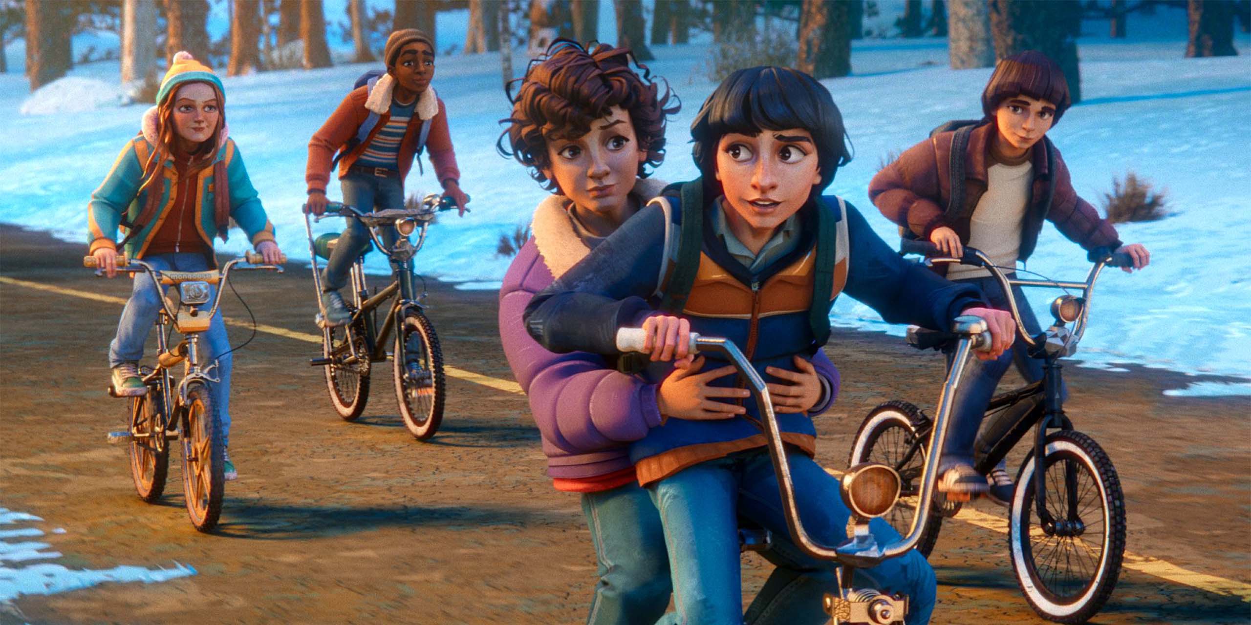 Max, Mike, Dustin, Onze et Nikki à vélo dans Stranger Things : Chroniques de 1985