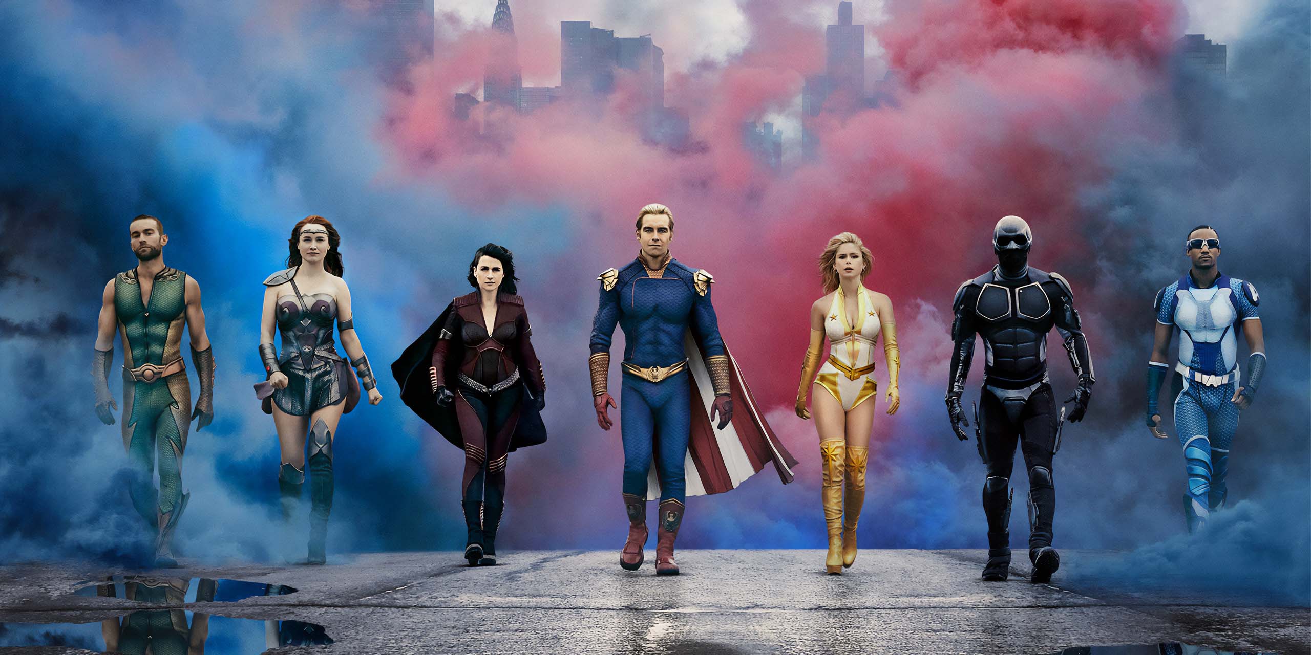 Les Seven, menés par Homelander et Stormfront, dans The Boys.