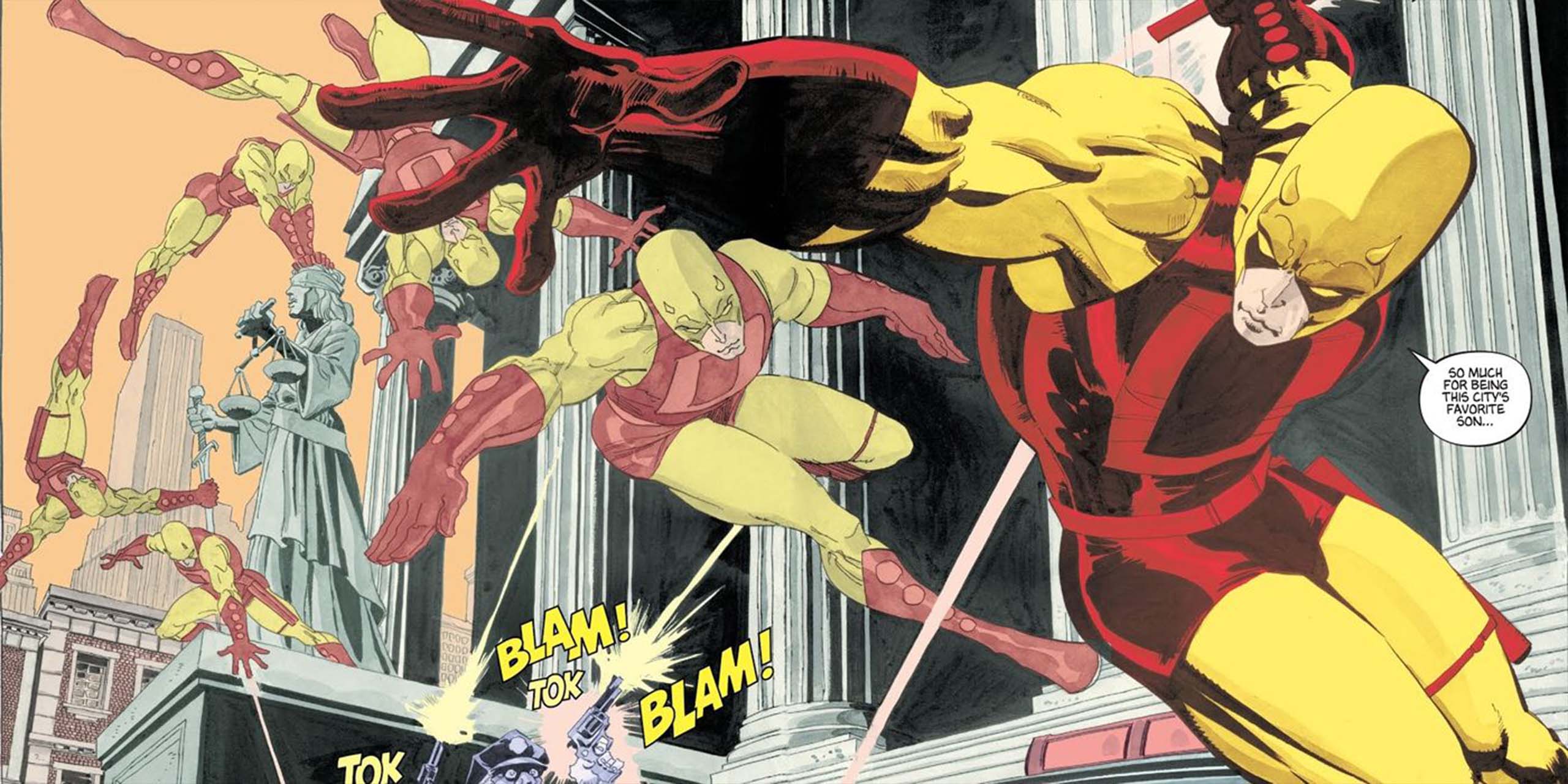 Daredevil dans son premier costume rouge et jaune par Jeph Loeb et Tim Sale dans Daredevil: Yellow.