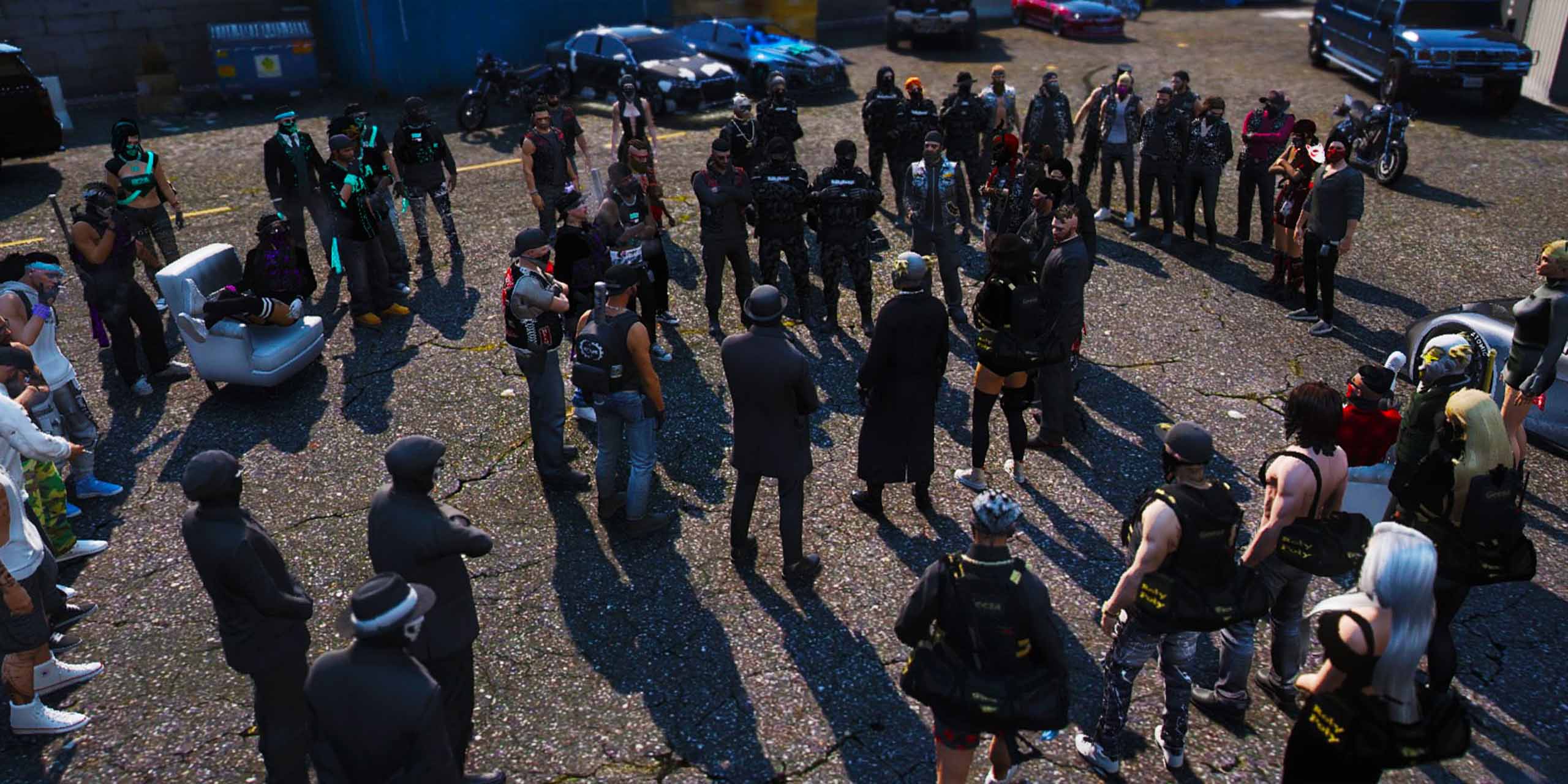 Un groupe de joueurs dans GTA RP, où crews et guildes informelles structurent les communautés en ligne.