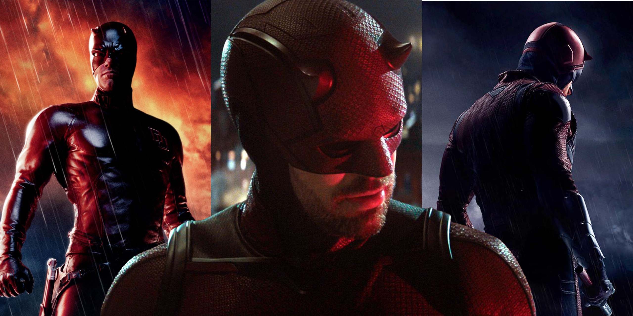 Daredevil au cinéma incarné par Ben Affleck, jusqu'à l'incarnation de Charlie Cox pour Netflix puis Disney+ avec Daredevil: Born Again.