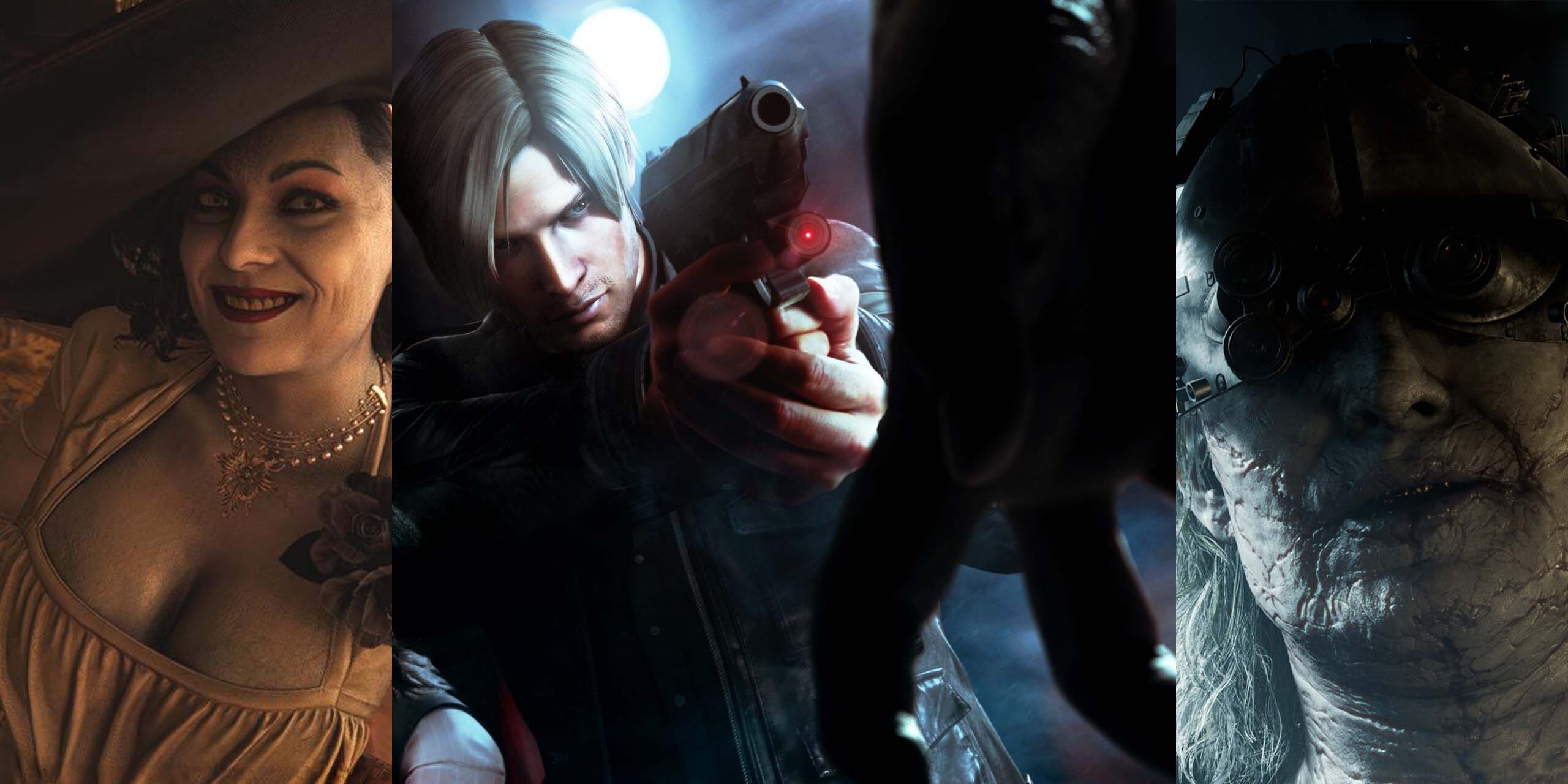 Lady Dimitrescu, Leon et Victor Gedeon dans les jeux vidéo Resident Evil.