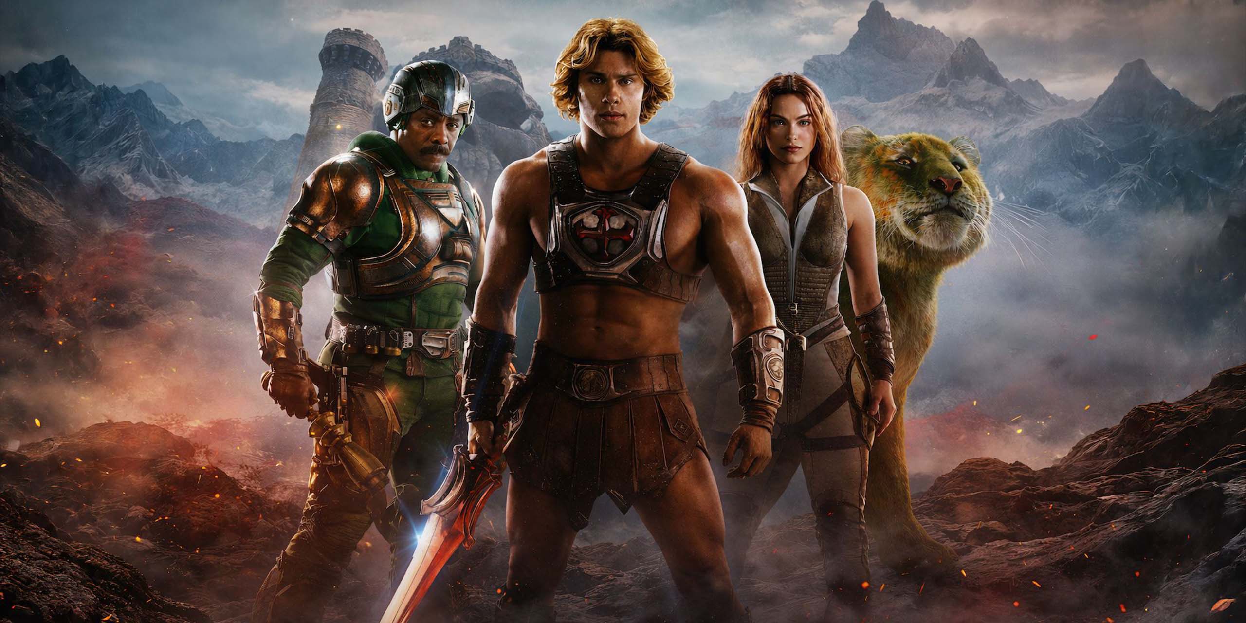 Musclor, Teela, Man-At-Arms et Battle Cat posent héroïquement sur un terrain montagneux dans Masters of the Universe.