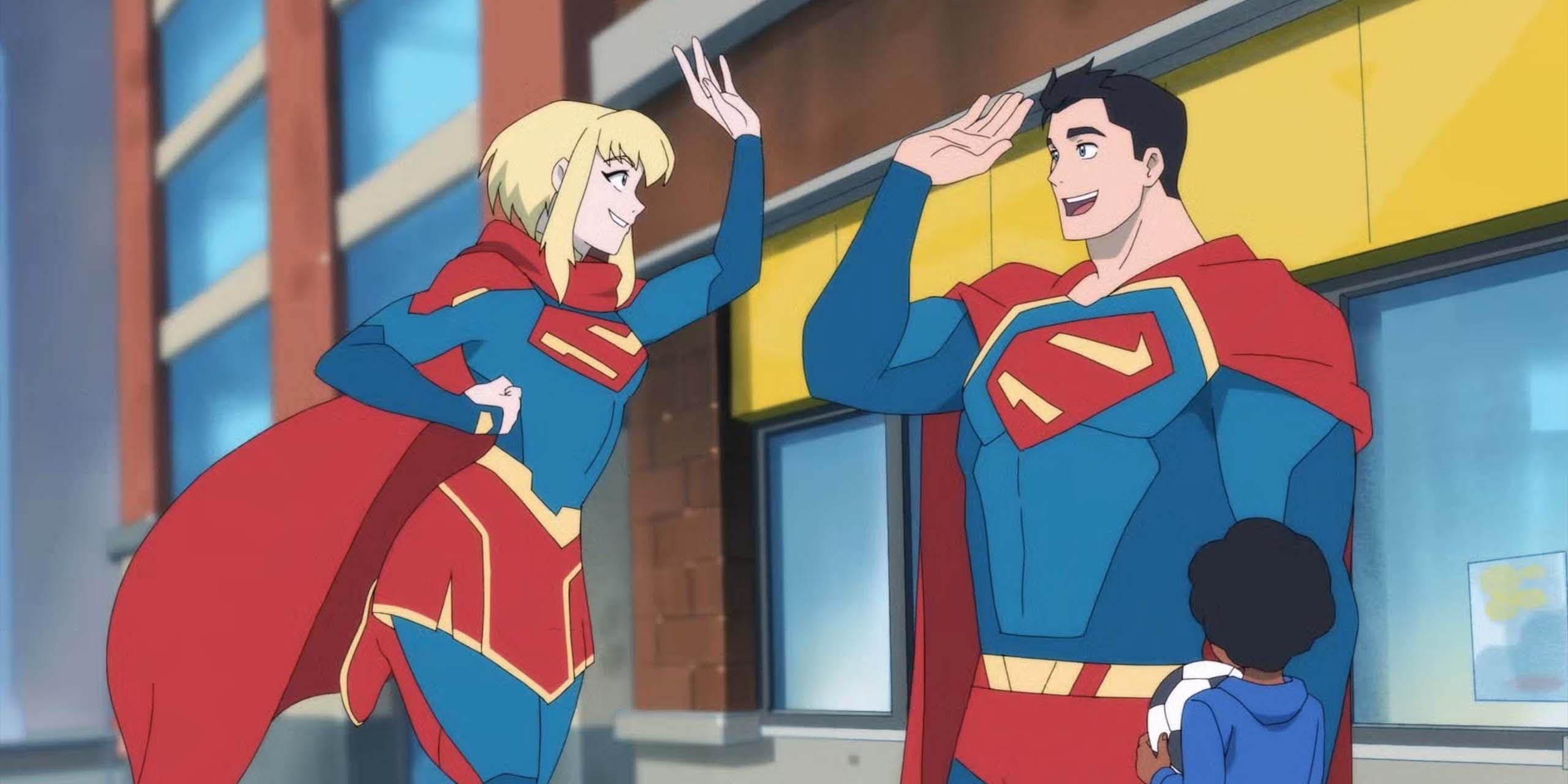 Superman et Supergirl se tapant dans la main dans la saison 3 de My Adventures with Superman.