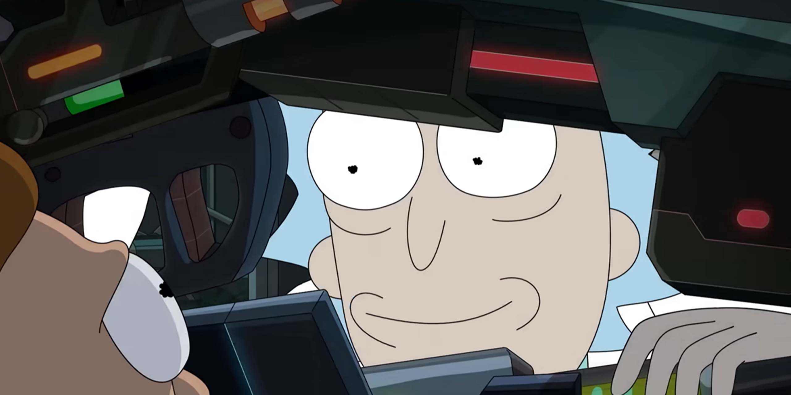 Un Rick géant observe Morty dans son véhicule dans la saison 9 de Rick et Morty.